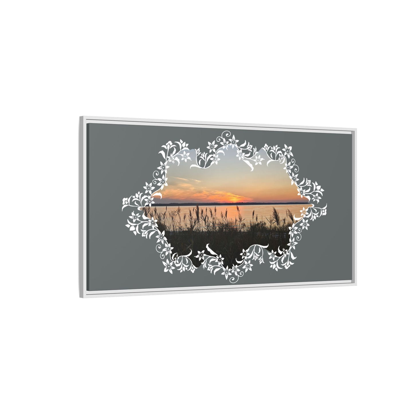 "Wild Youth" Framed Matte Canvas - Sunrise Marsh with Ornate White Floral Frame