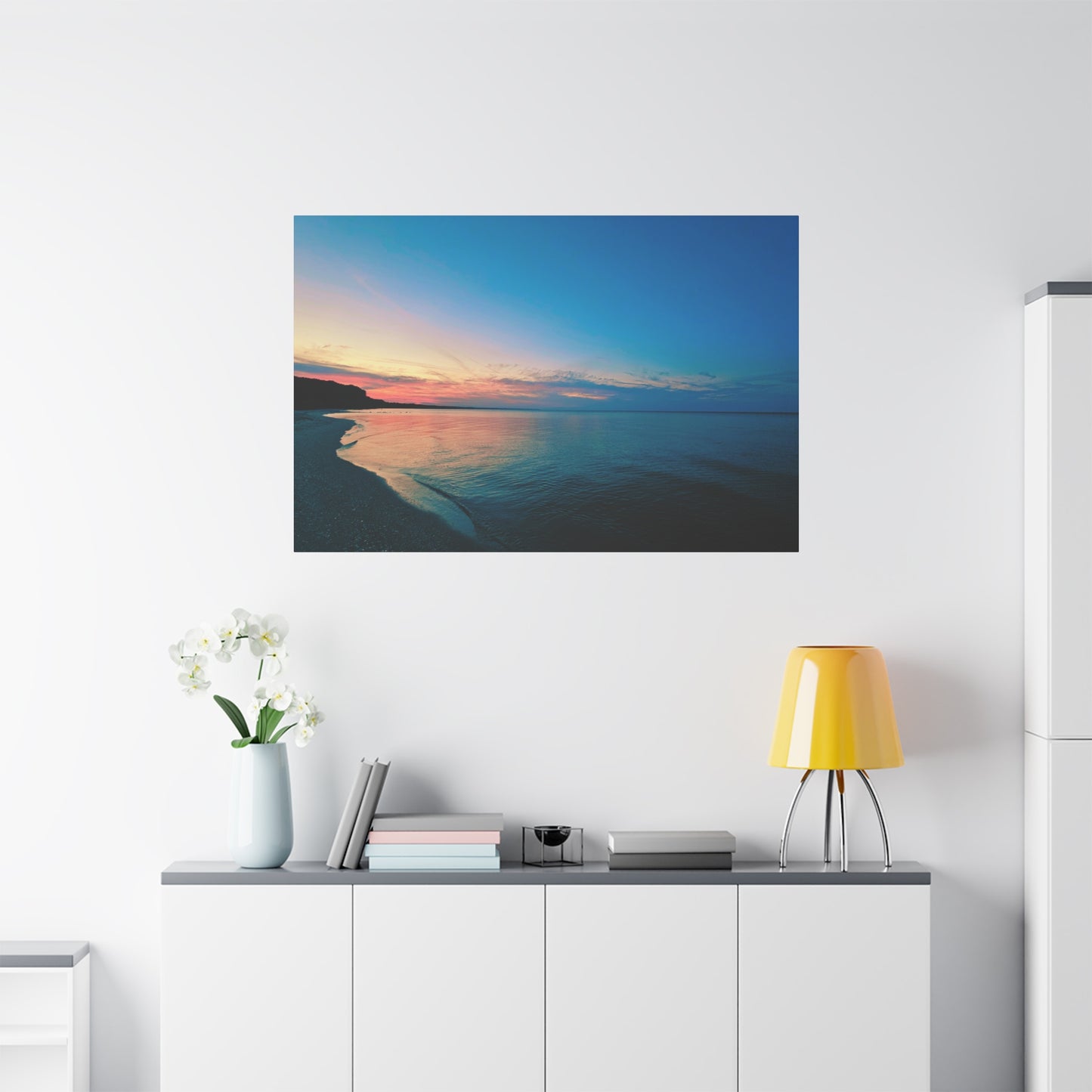 "Blue Symmetry" Sunset Beach Matte Canvas Print — Stretched Wall Art