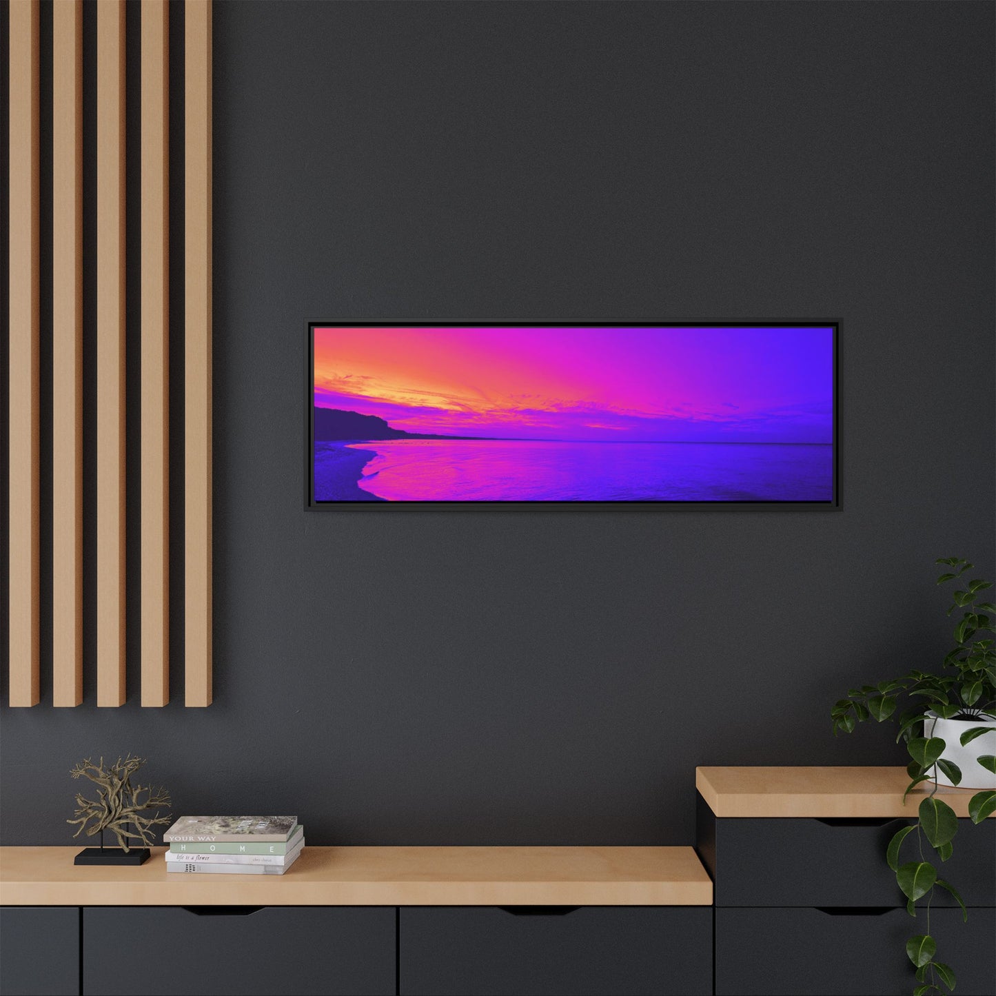 "Lavishing Symmetry" Sunset Shore Matte Canvas Framed Wall Art — Vibrant Purple & Pink Beach Landscape