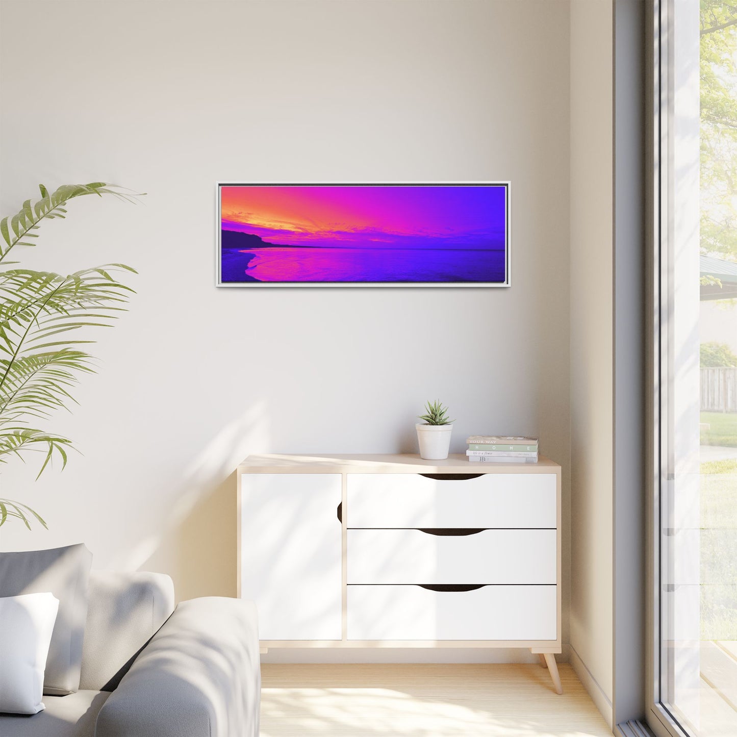 "Lavishing Symmetry" Sunset Shore Matte Canvas Framed Wall Art — Vibrant Purple & Pink Beach Landscape