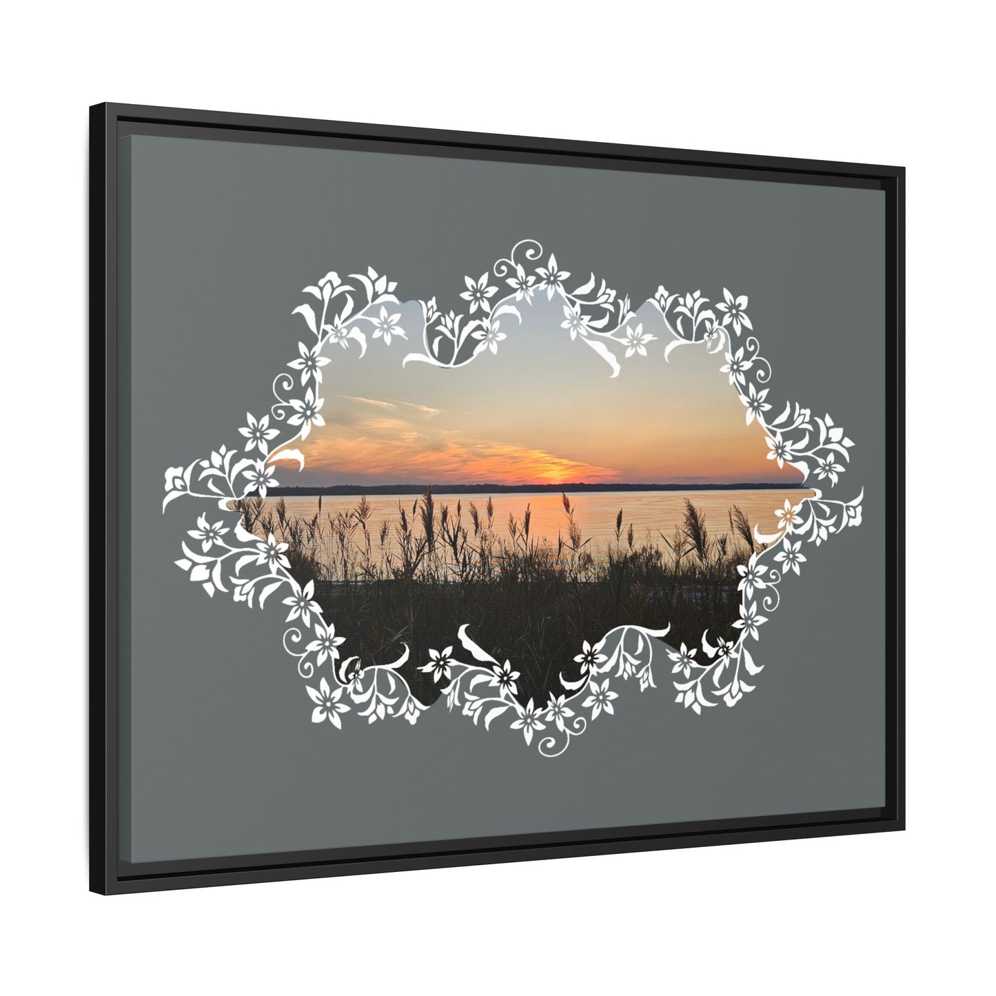 "Wild Youth" Framed Matte Canvas - Sunrise Marsh with Ornate White Floral Frame