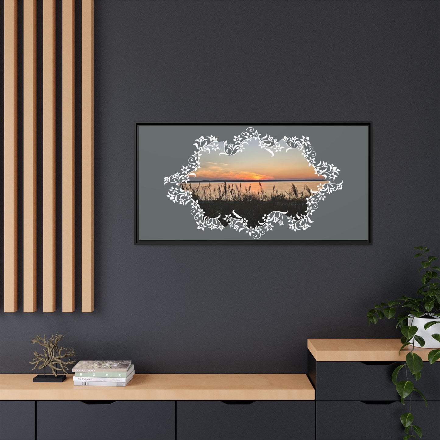 "Wild Youth" Framed Matte Canvas - Sunrise Marsh with Ornate White Floral Frame