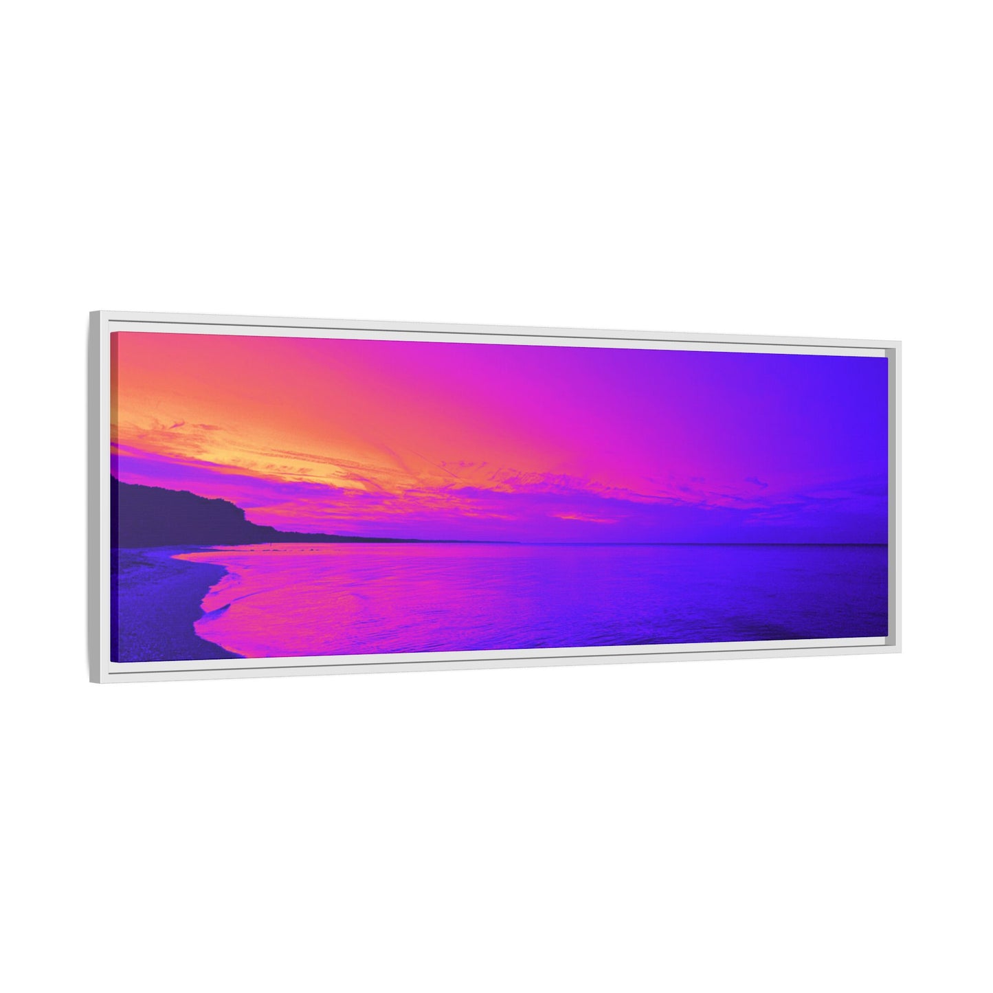 "Lavishing Symmetry" Sunset Shore Matte Canvas Framed Wall Art — Vibrant Purple & Pink Beach Landscape
