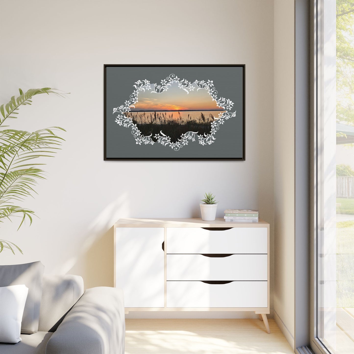 "Wild Youth" Framed Matte Canvas - Sunrise Marsh with Ornate White Floral Frame