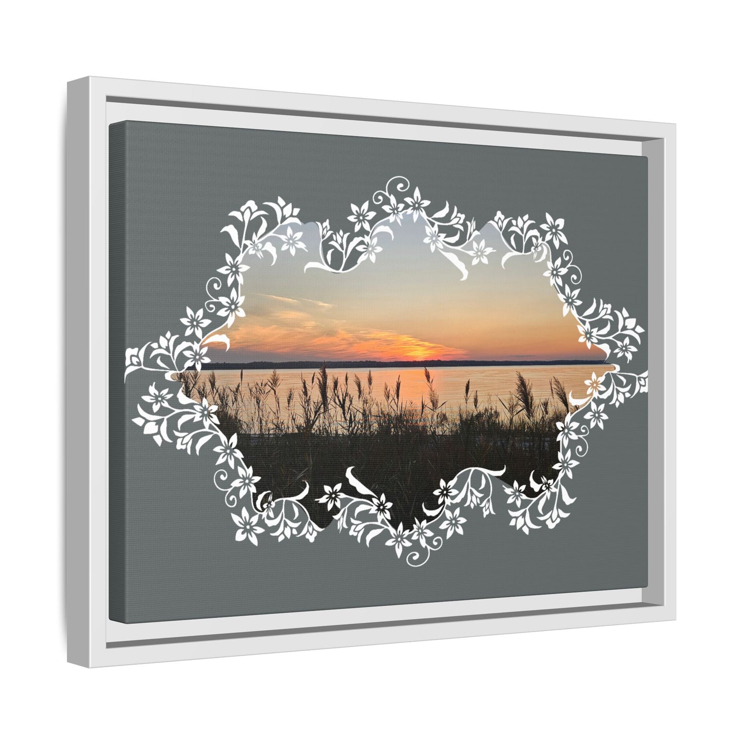 "Wild Youth" Framed Matte Canvas - Sunrise Marsh with Ornate White Floral Frame