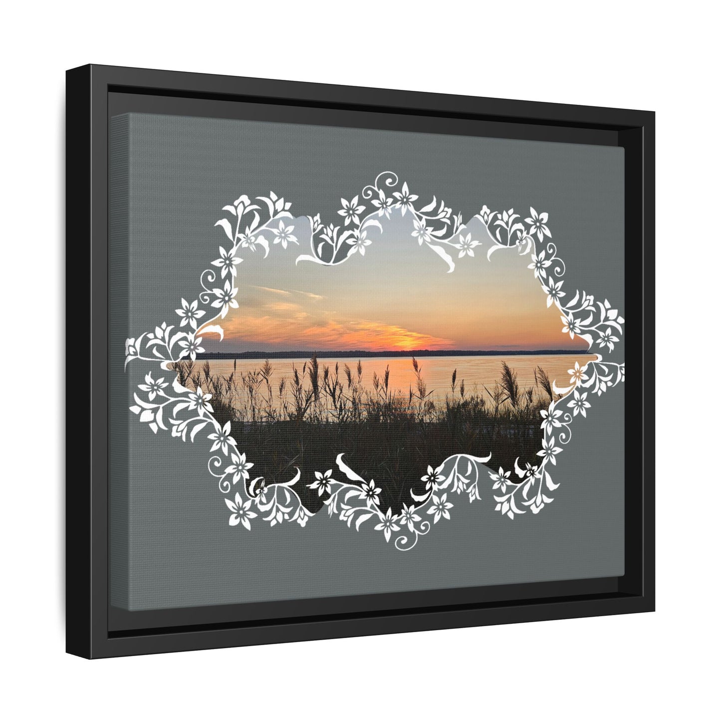 "Wild Youth" Framed Matte Canvas - Sunrise Marsh with Ornate White Floral Frame