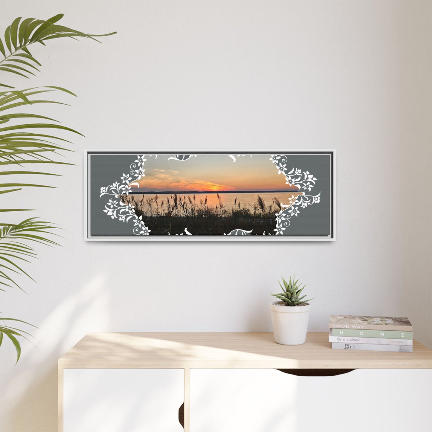 "Wild Youth" Framed Matte Canvas - Sunrise Marsh with Ornate White Floral Frame