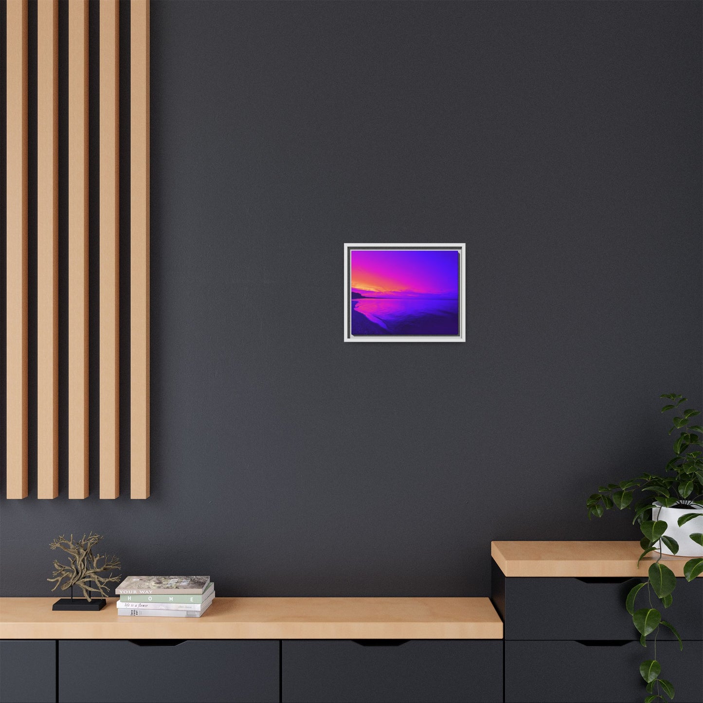 "Lavishing Symmetry" Sunset Shore Matte Canvas Framed Wall Art — Vibrant Purple & Pink Beach Landscape