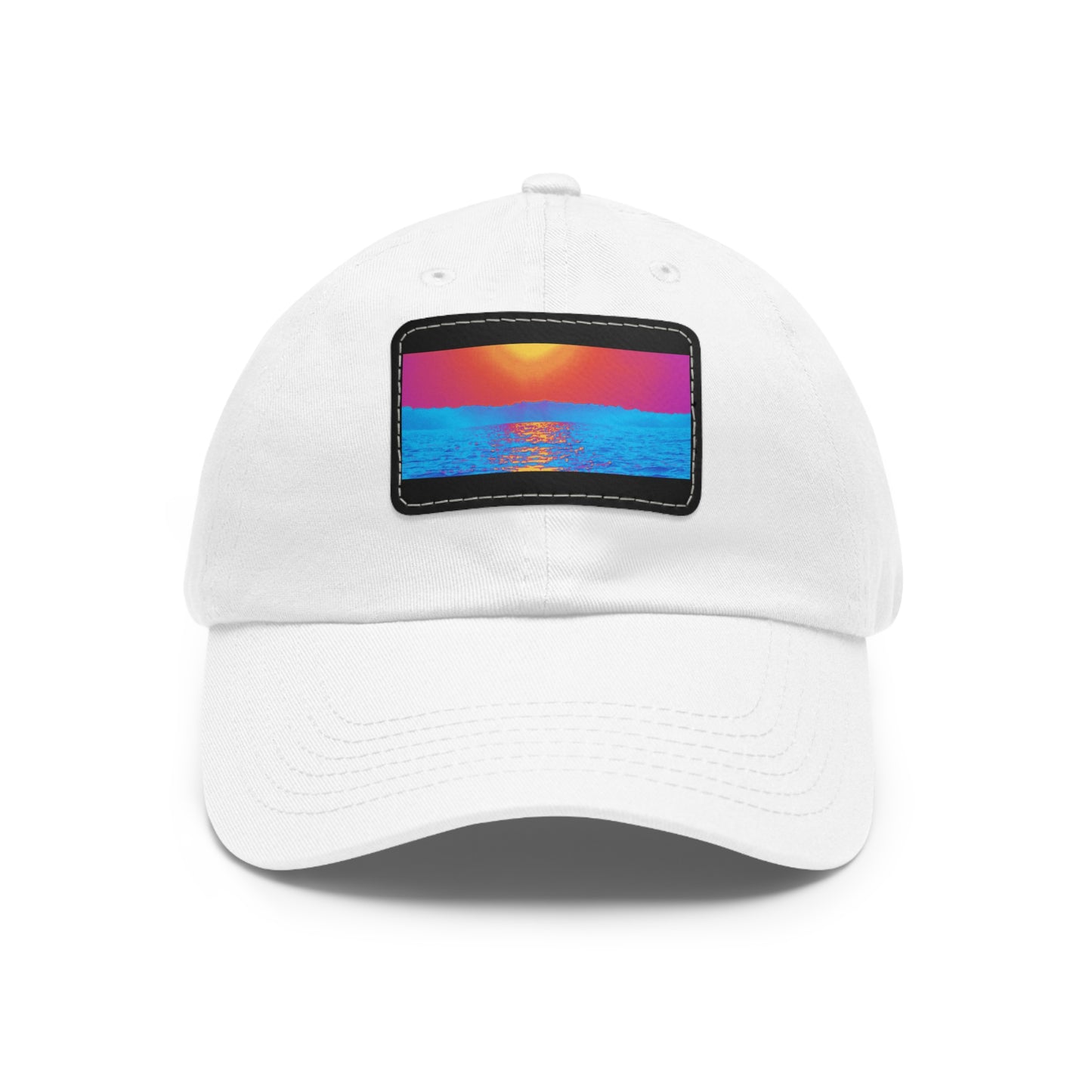 Sunset Ocean Leather Patch Dad Hat — Retro Vaporwave Beach Cap