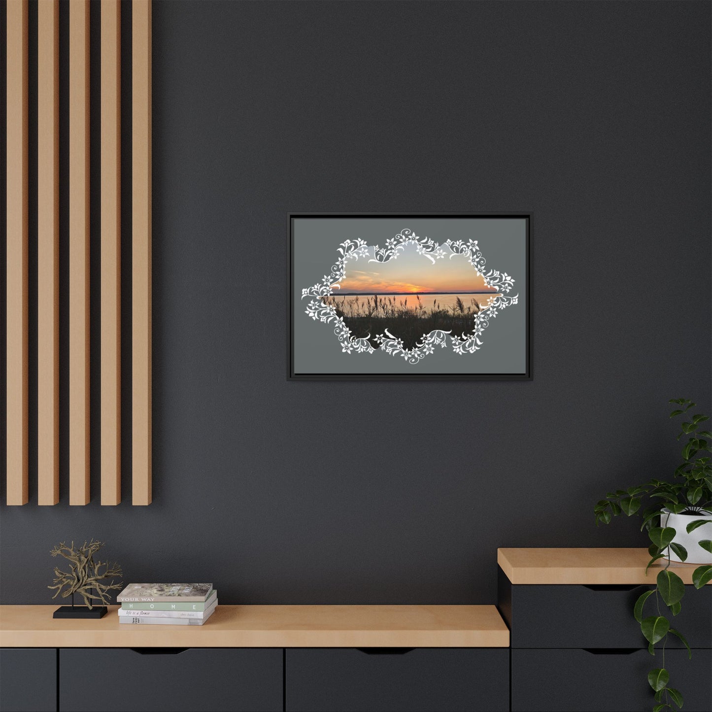"Wild Youth" Framed Matte Canvas - Sunrise Marsh with Ornate White Floral Frame