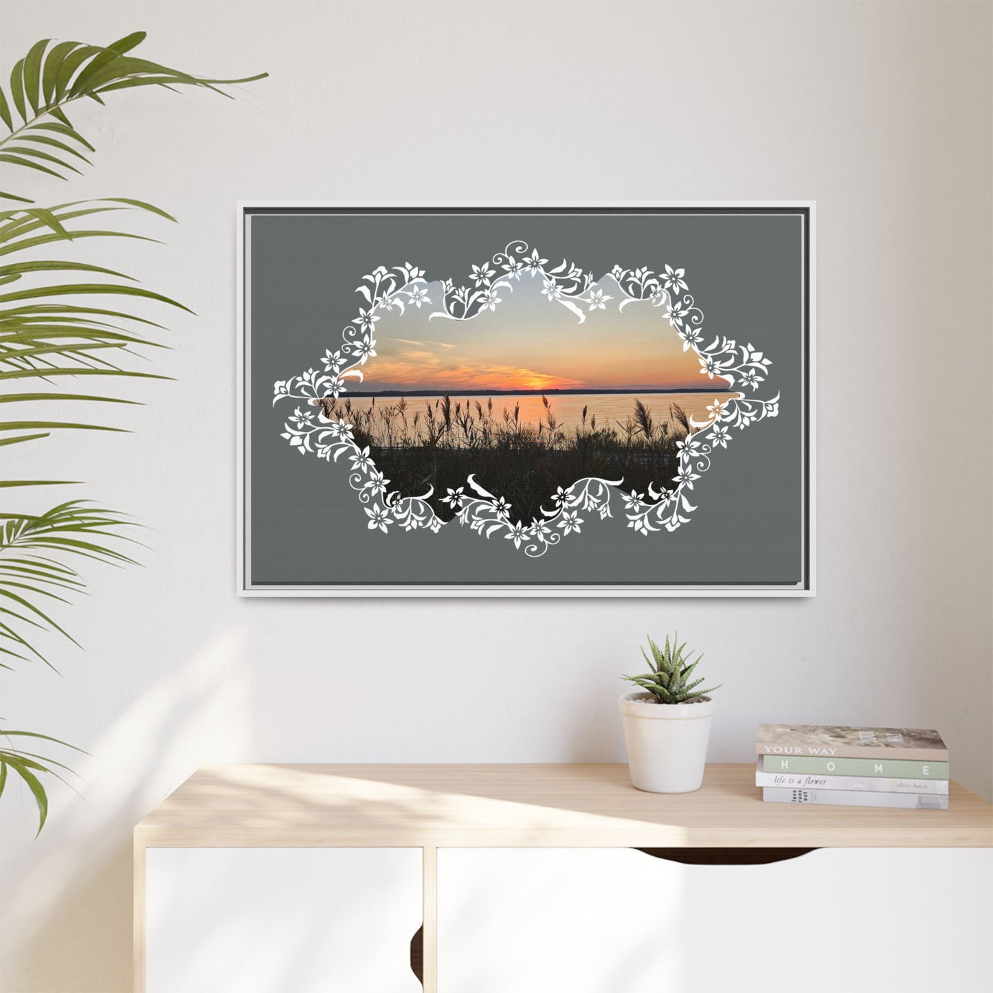 "Wild Youth" Framed Matte Canvas - Sunrise Marsh with Ornate White Floral Frame