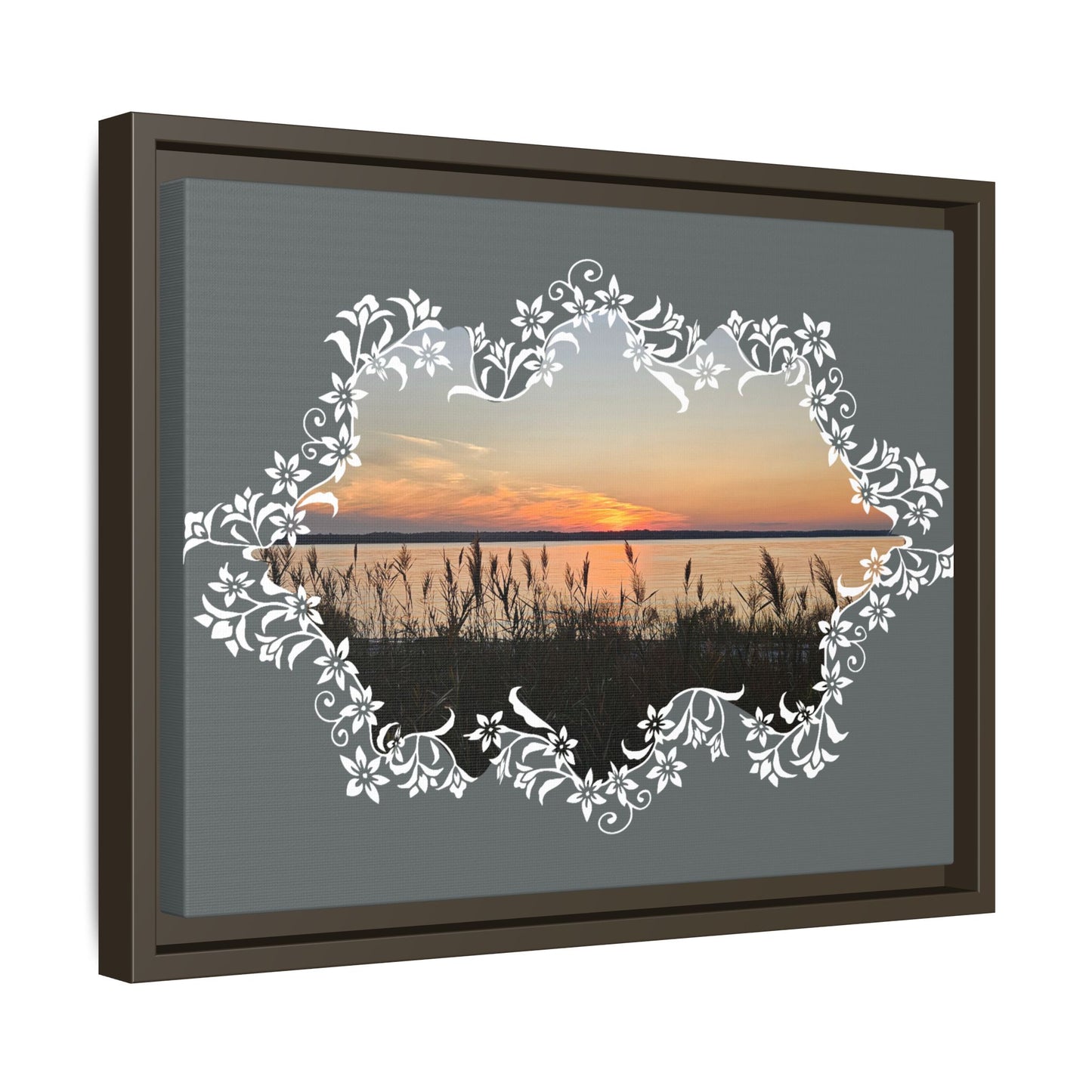 "Wild Youth" Framed Matte Canvas - Sunrise Marsh with Ornate White Floral Frame