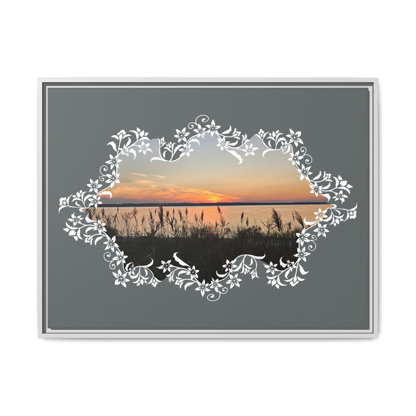 "Wild Youth" Framed Matte Canvas - Sunrise Marsh with Ornate White Floral Frame
