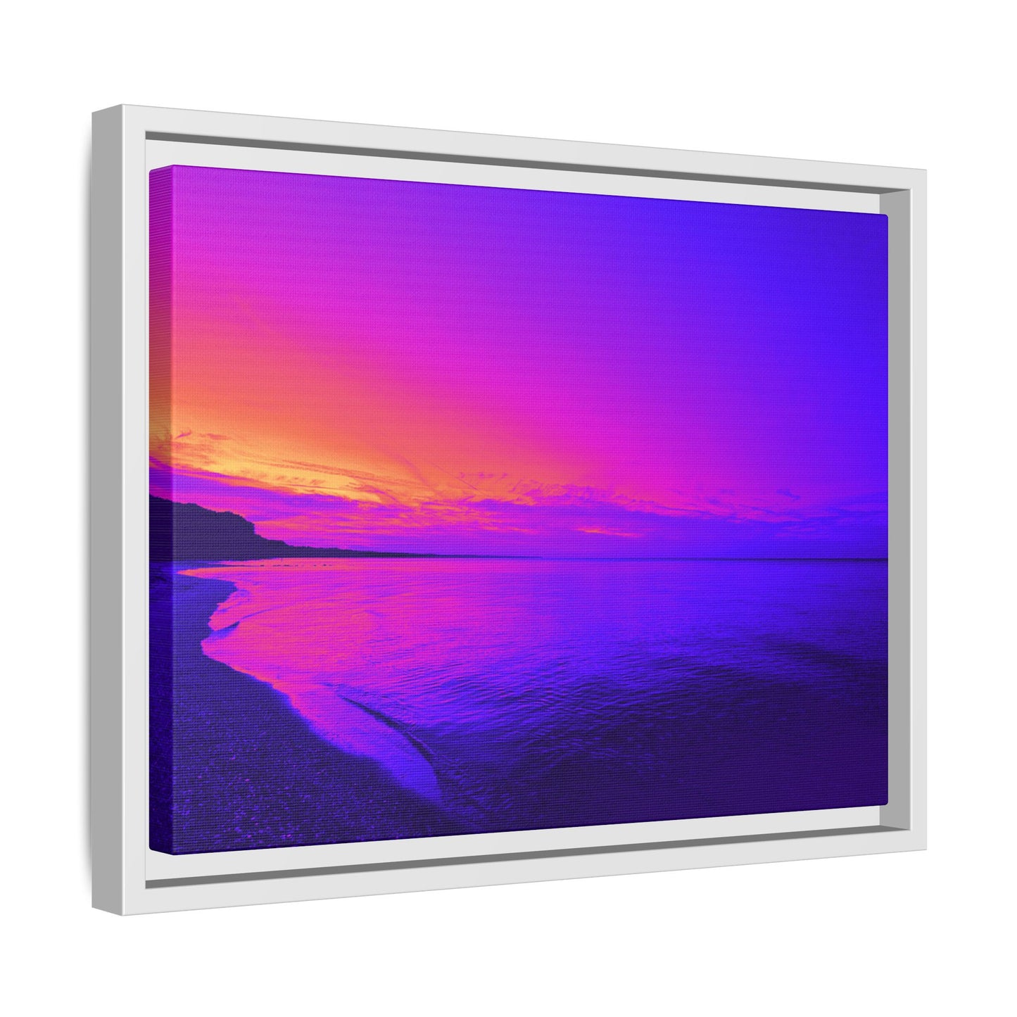 "Lavishing Symmetry" Sunset Shore Matte Canvas Framed Wall Art — Vibrant Purple & Pink Beach Landscape