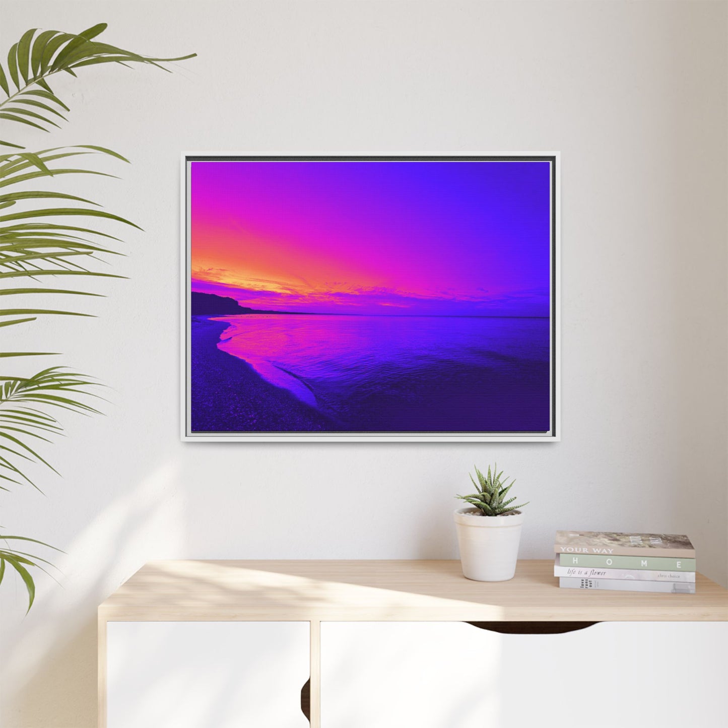 "Lavishing Symmetry" Sunset Shore Matte Canvas Framed Wall Art — Vibrant Purple & Pink Beach Landscape