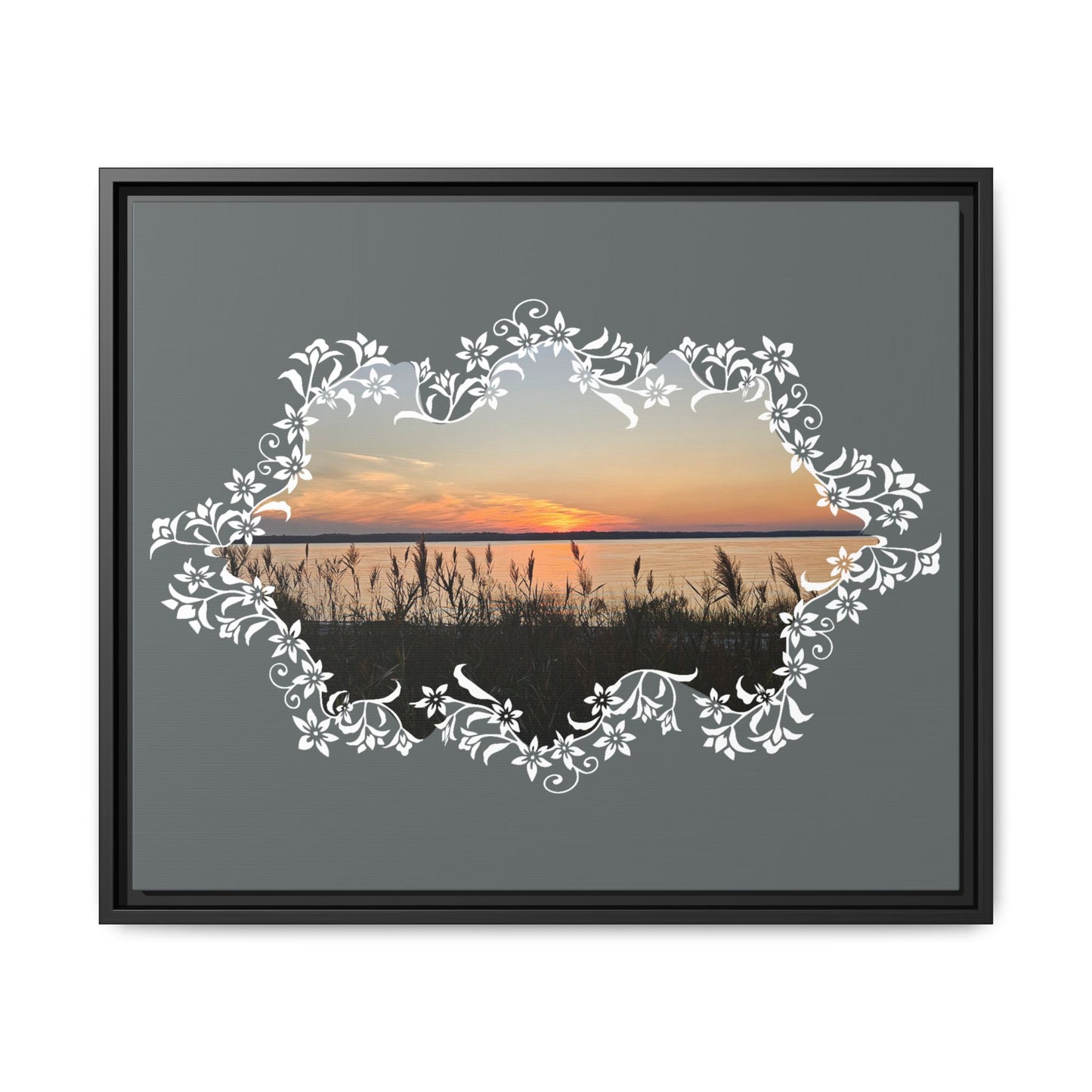 "Wild Youth" Framed Matte Canvas - Sunrise Marsh with Ornate White Floral Frame