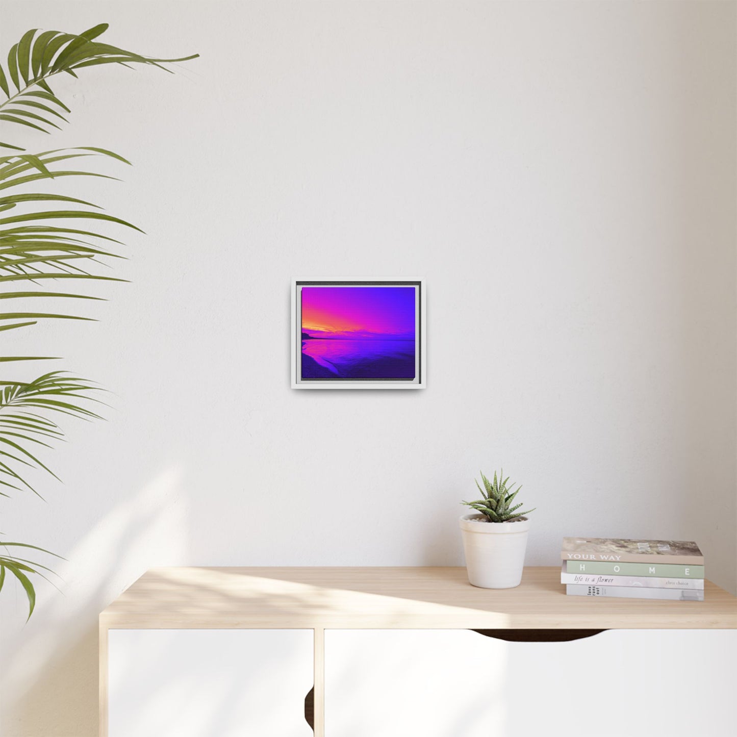 "Lavishing Symmetry" Sunset Shore Matte Canvas Framed Wall Art — Vibrant Purple & Pink Beach Landscape