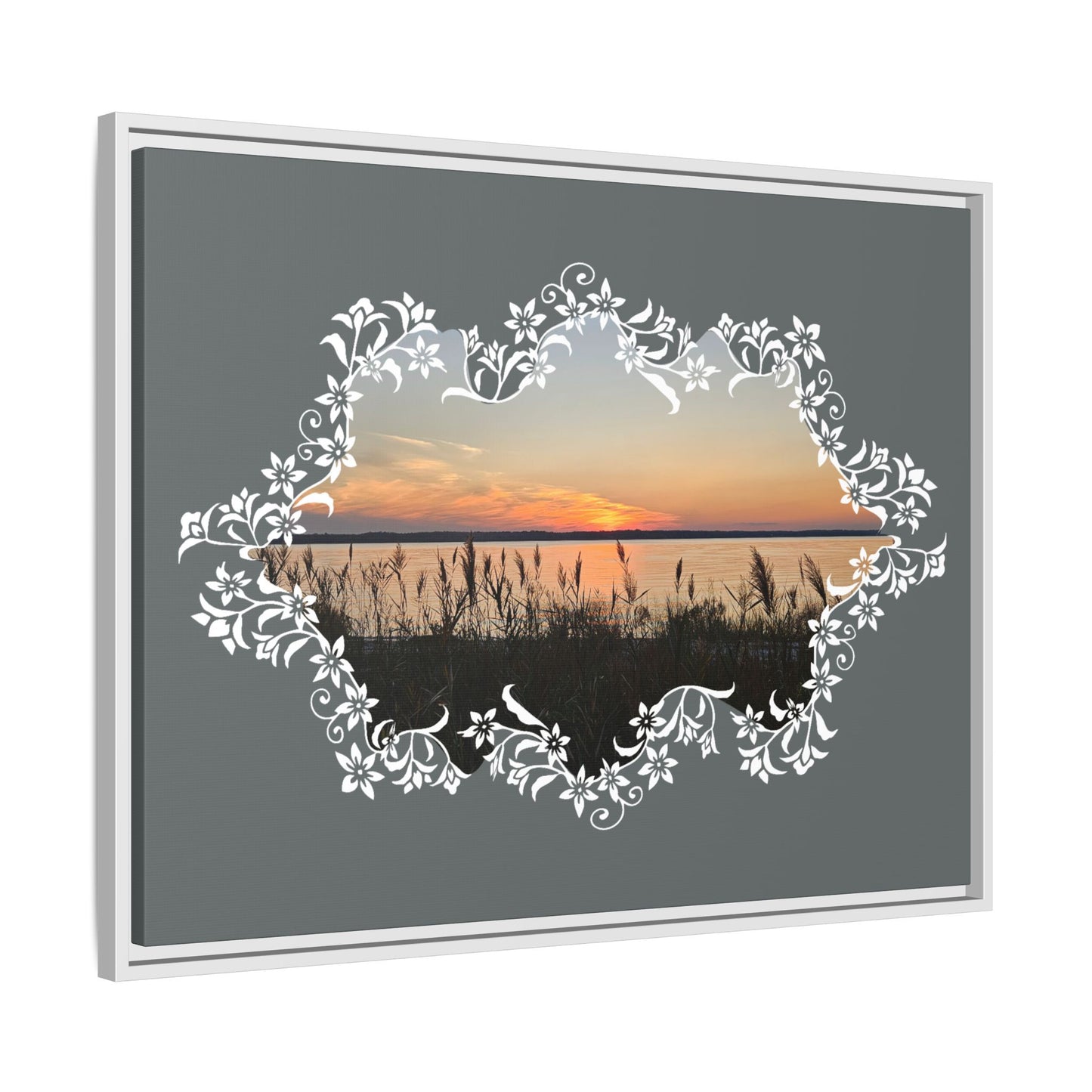 "Wild Youth" Framed Matte Canvas - Sunrise Marsh with Ornate White Floral Frame