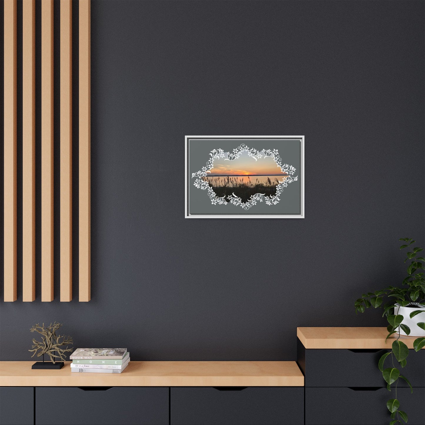 "Wild Youth" Framed Matte Canvas - Sunrise Marsh with Ornate White Floral Frame