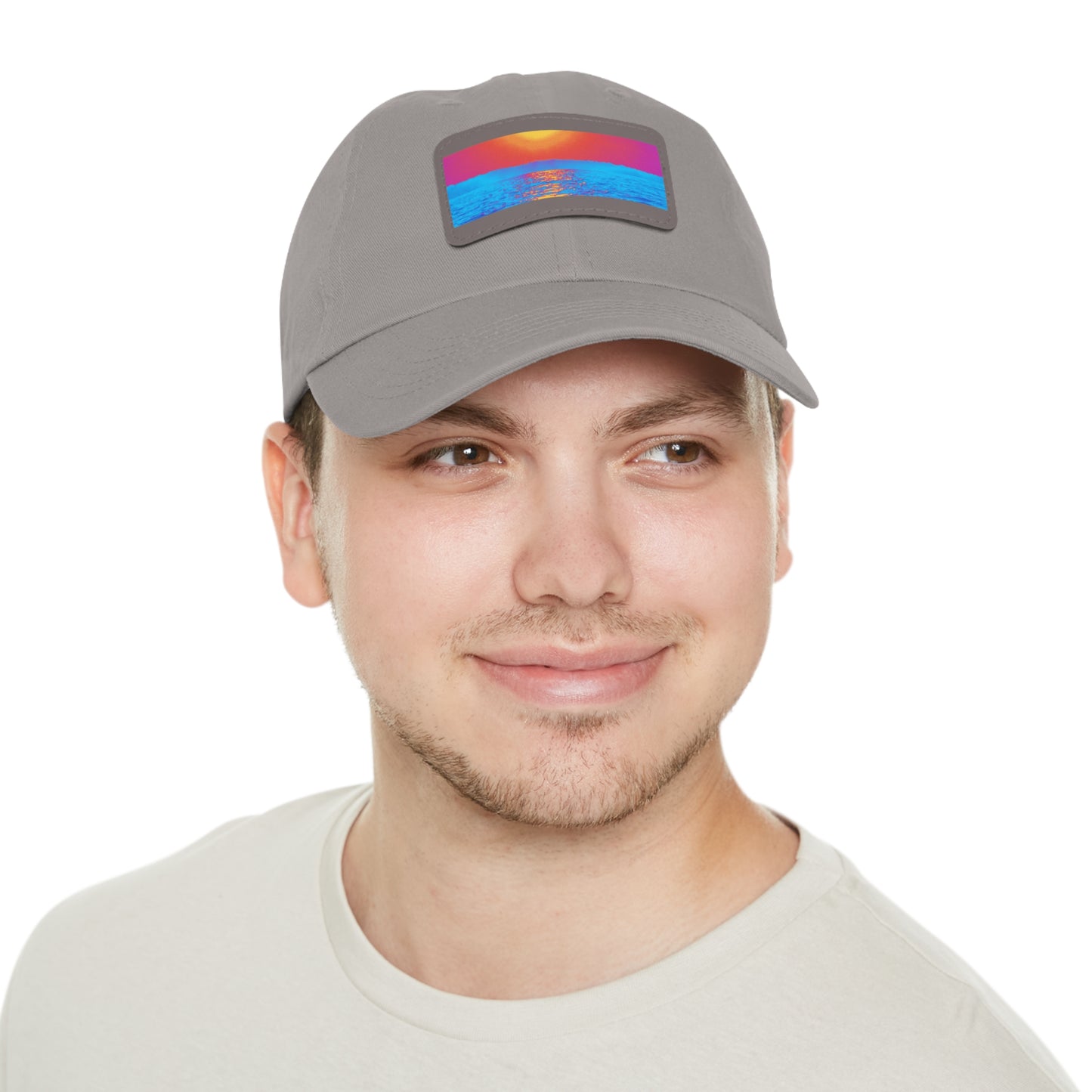 Sunset Ocean Leather Patch Dad Hat — Retro Vaporwave Beach Cap