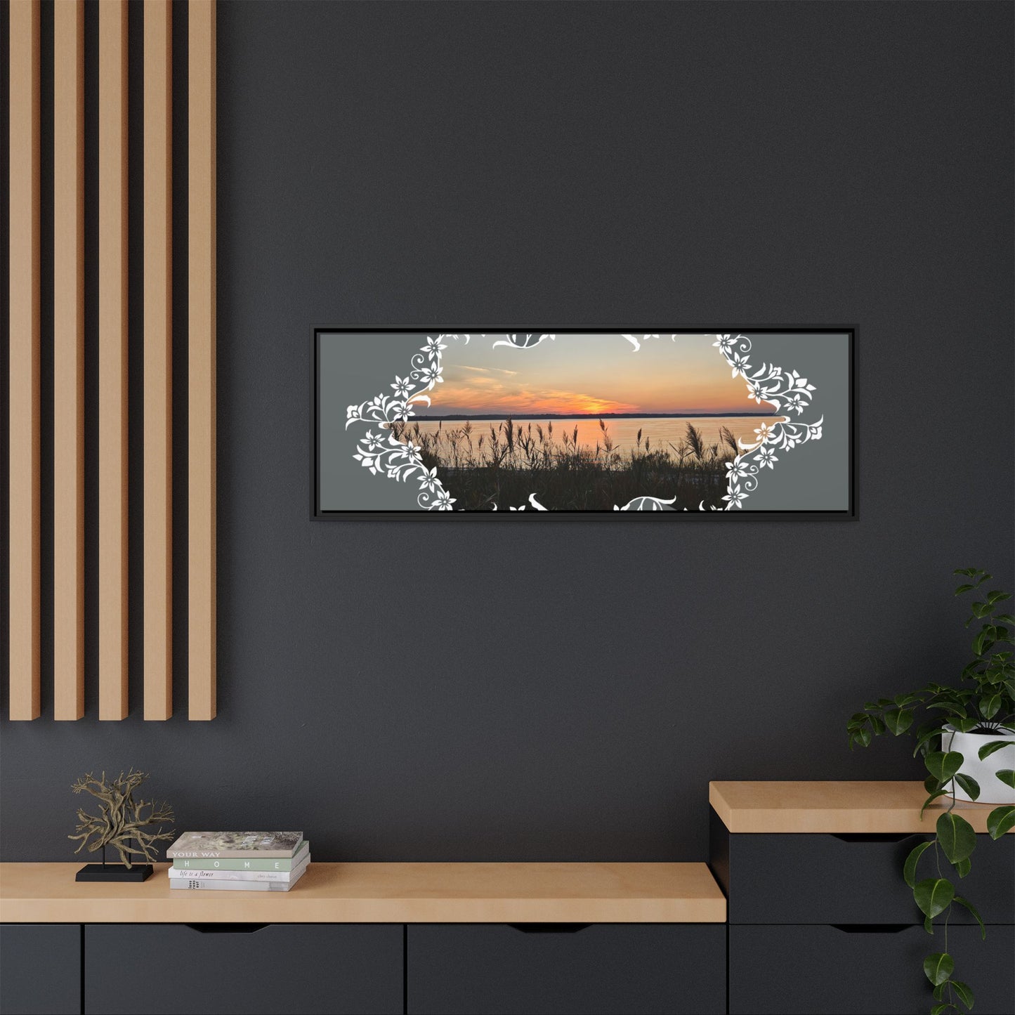 "Wild Youth" Framed Matte Canvas - Sunrise Marsh with Ornate White Floral Frame