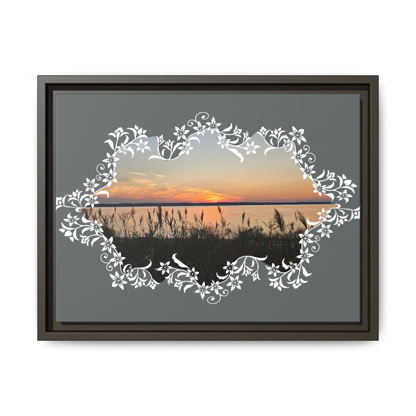 "Wild Youth" Framed Matte Canvas - Sunrise Marsh with Ornate White Floral Frame