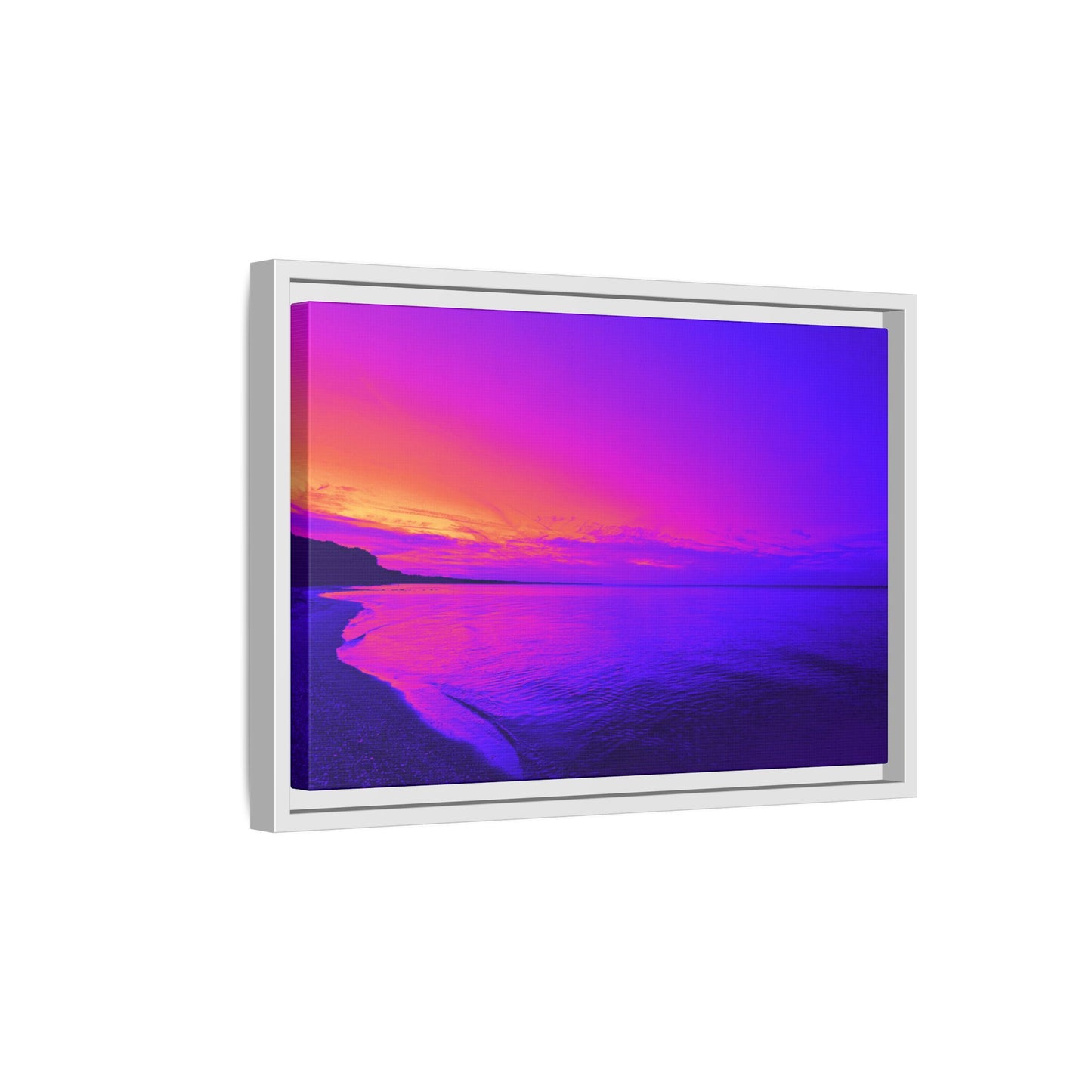 "Lavishing Symmetry" Sunset Shore Matte Canvas Framed Wall Art — Vibrant Purple & Pink Beach Landscape