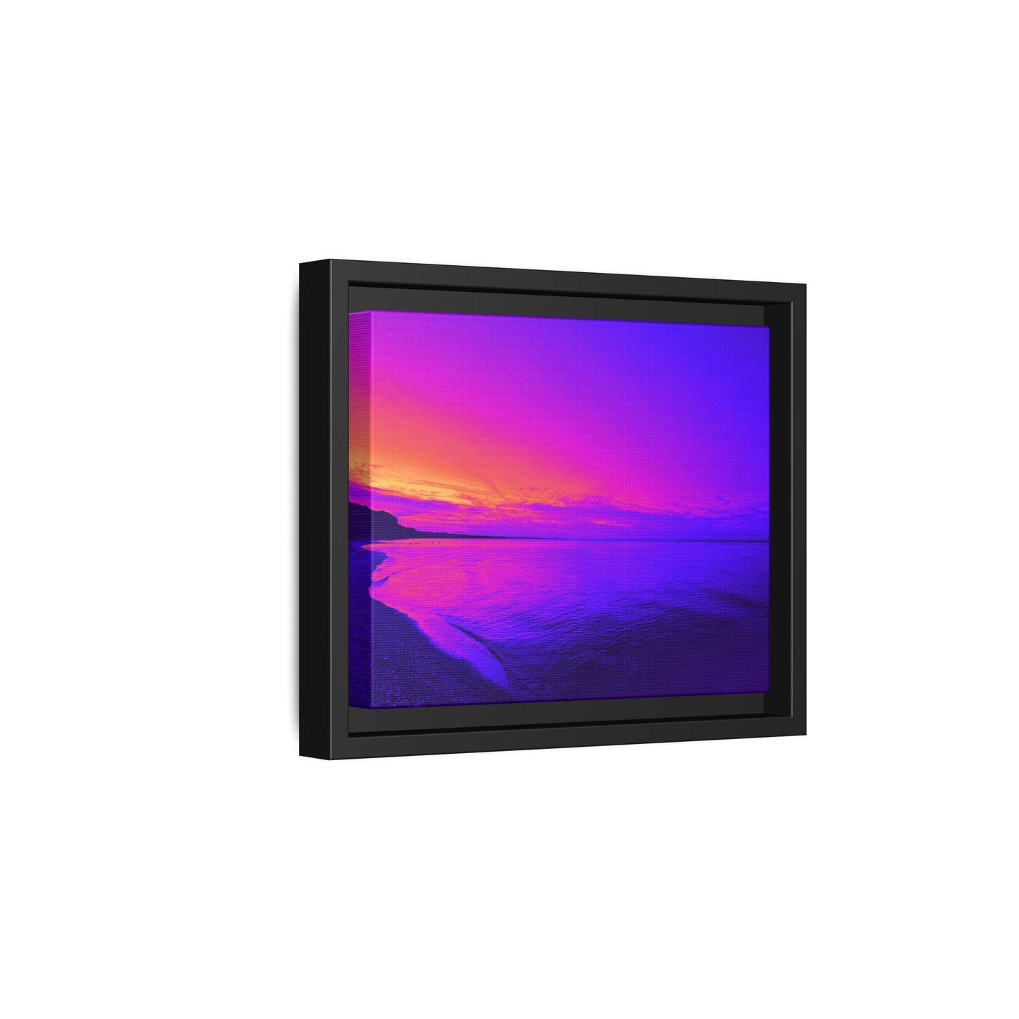 "Lavishing Symmetry" Sunset Shore Matte Canvas Framed Wall Art — Vibrant Purple & Pink Beach Landscape