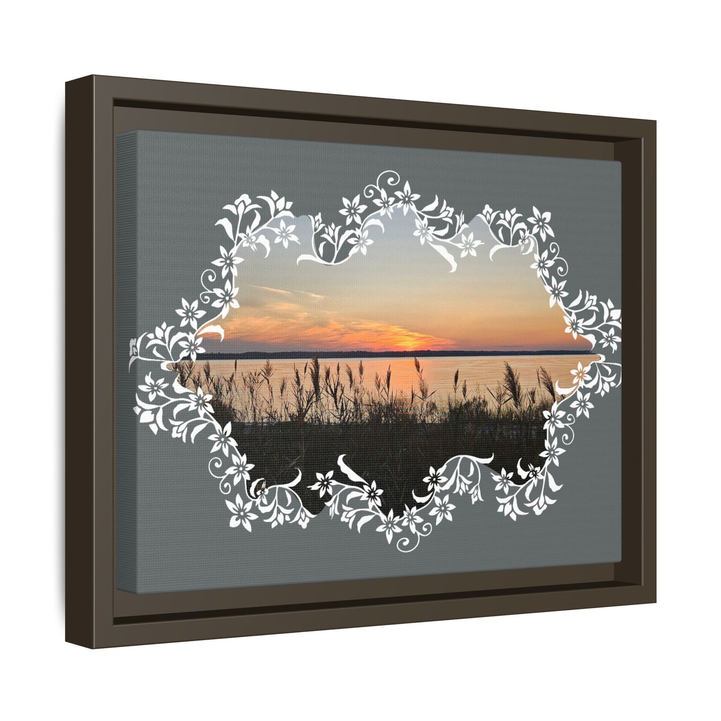 "Wild Youth" Framed Matte Canvas - Sunrise Marsh with Ornate White Floral Frame