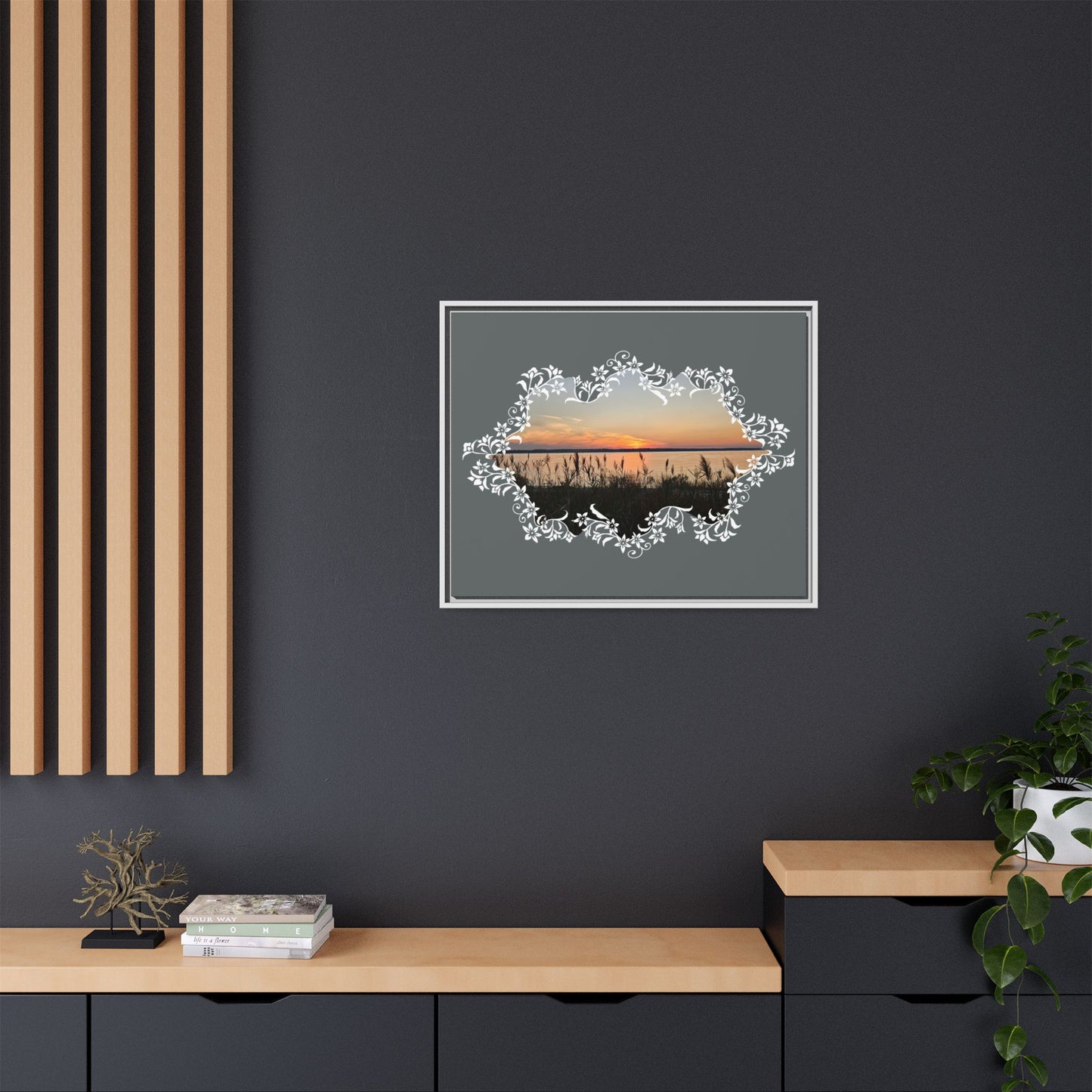 "Wild Youth" Framed Matte Canvas - Sunrise Marsh with Ornate White Floral Frame