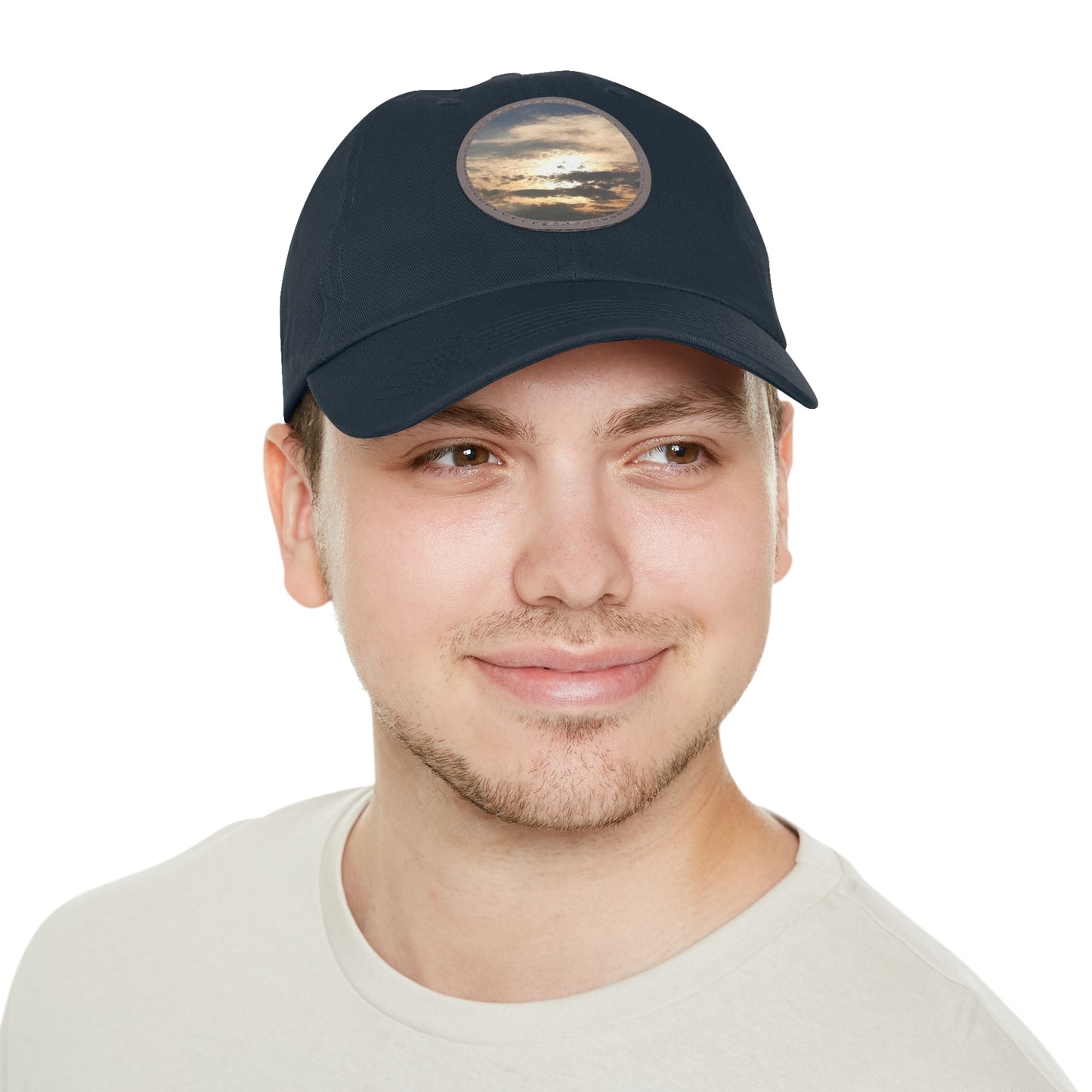 Round Leather Patch Dad Hat —"Sun Peaking Over the Clouds"-Patch Cap