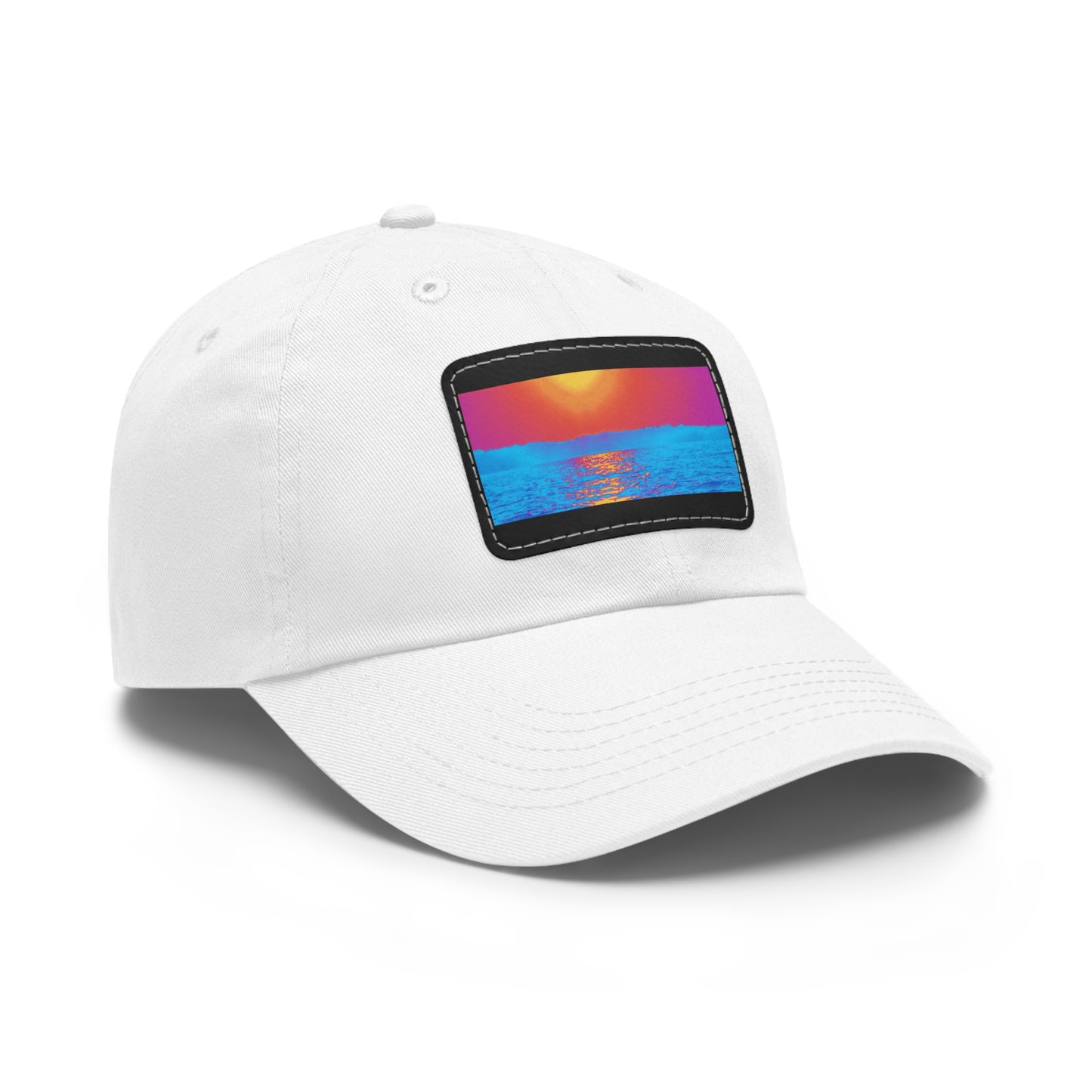Sunset Ocean Leather Patch Dad Hat — Retro Vaporwave Beach Cap