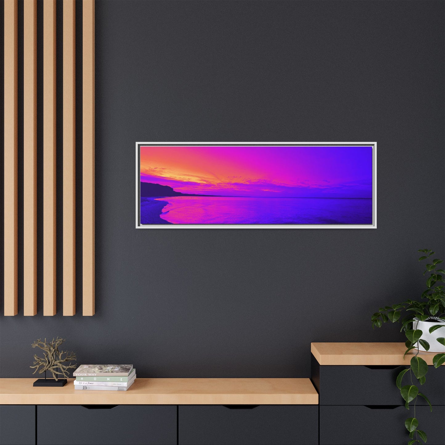 "Lavishing Symmetry" Sunset Shore Matte Canvas Framed Wall Art — Vibrant Purple & Pink Beach Landscape
