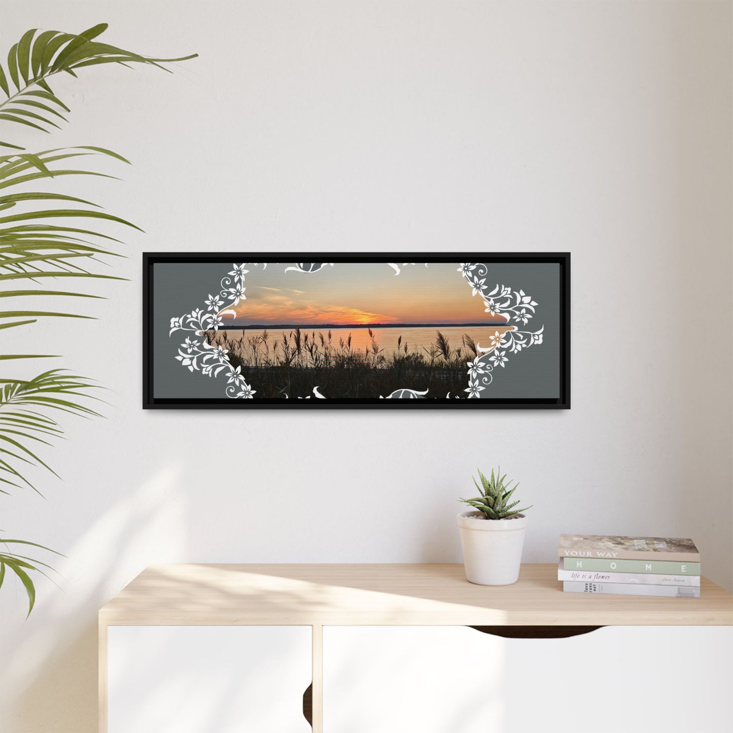 "Wild Youth" Framed Matte Canvas - Sunrise Marsh with Ornate White Floral Frame