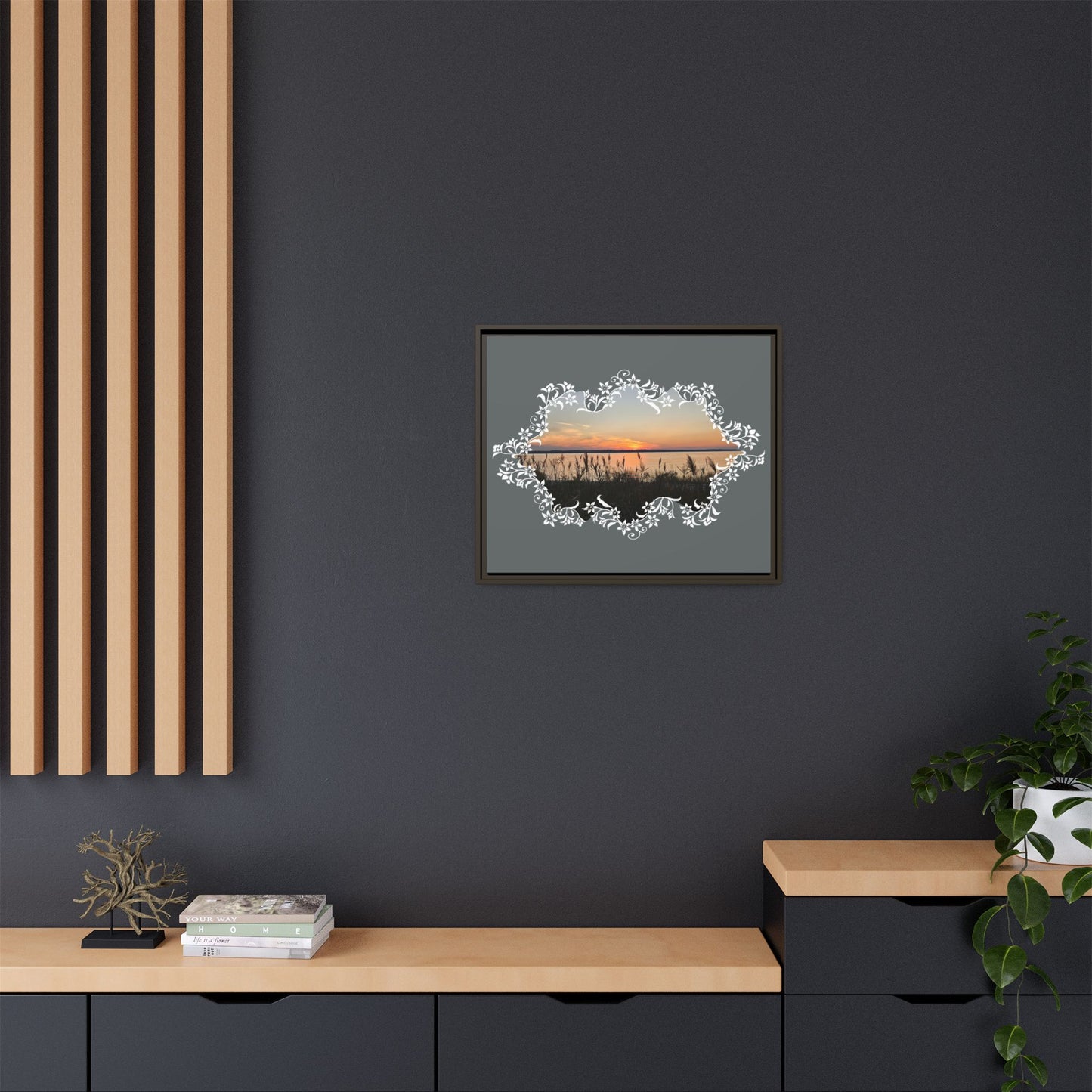 "Wild Youth" Framed Matte Canvas - Sunrise Marsh with Ornate White Floral Frame