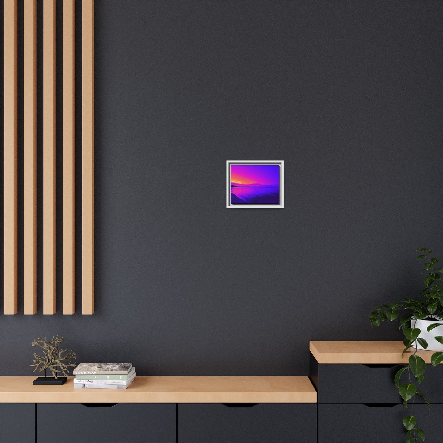"Lavishing Symmetry" Sunset Shore Matte Canvas Framed Wall Art — Vibrant Purple & Pink Beach Landscape