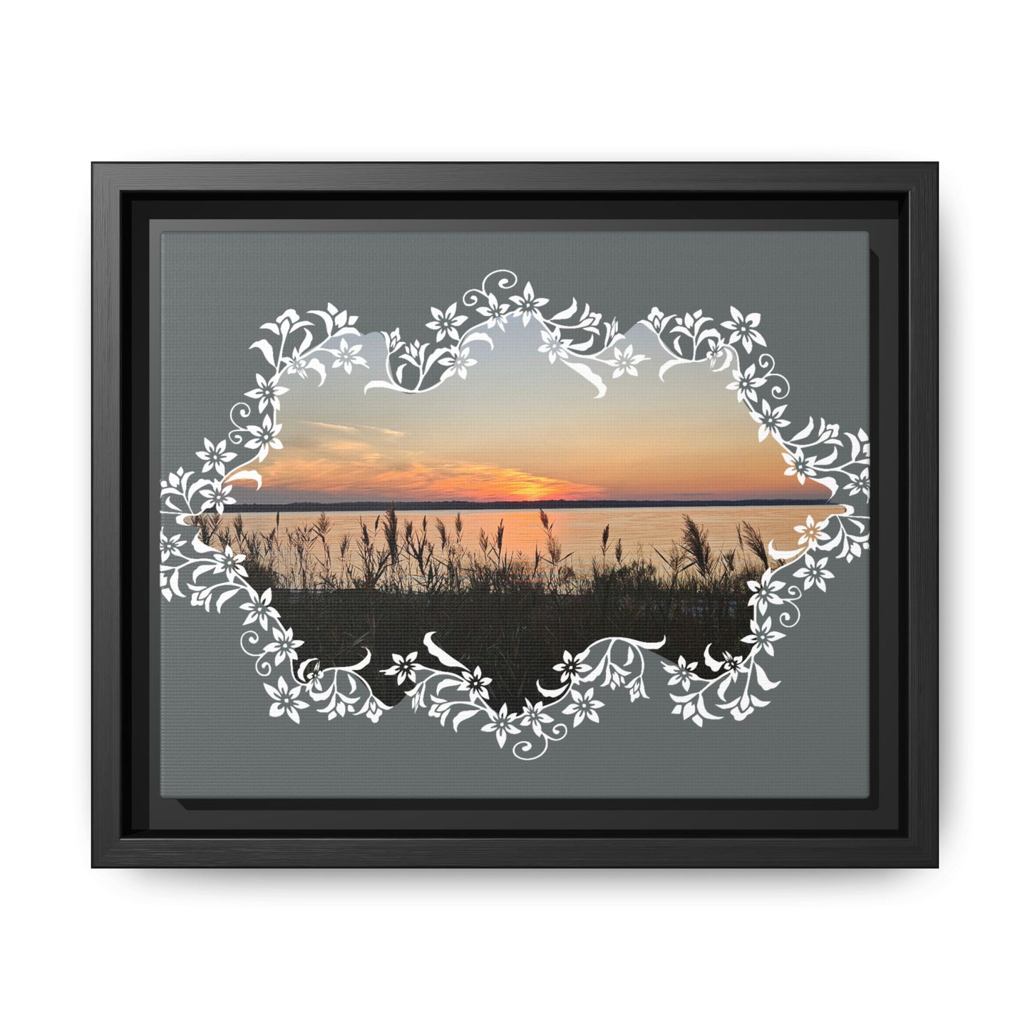 "Wild Youth" Framed Matte Canvas - Sunrise Marsh with Ornate White Floral Frame