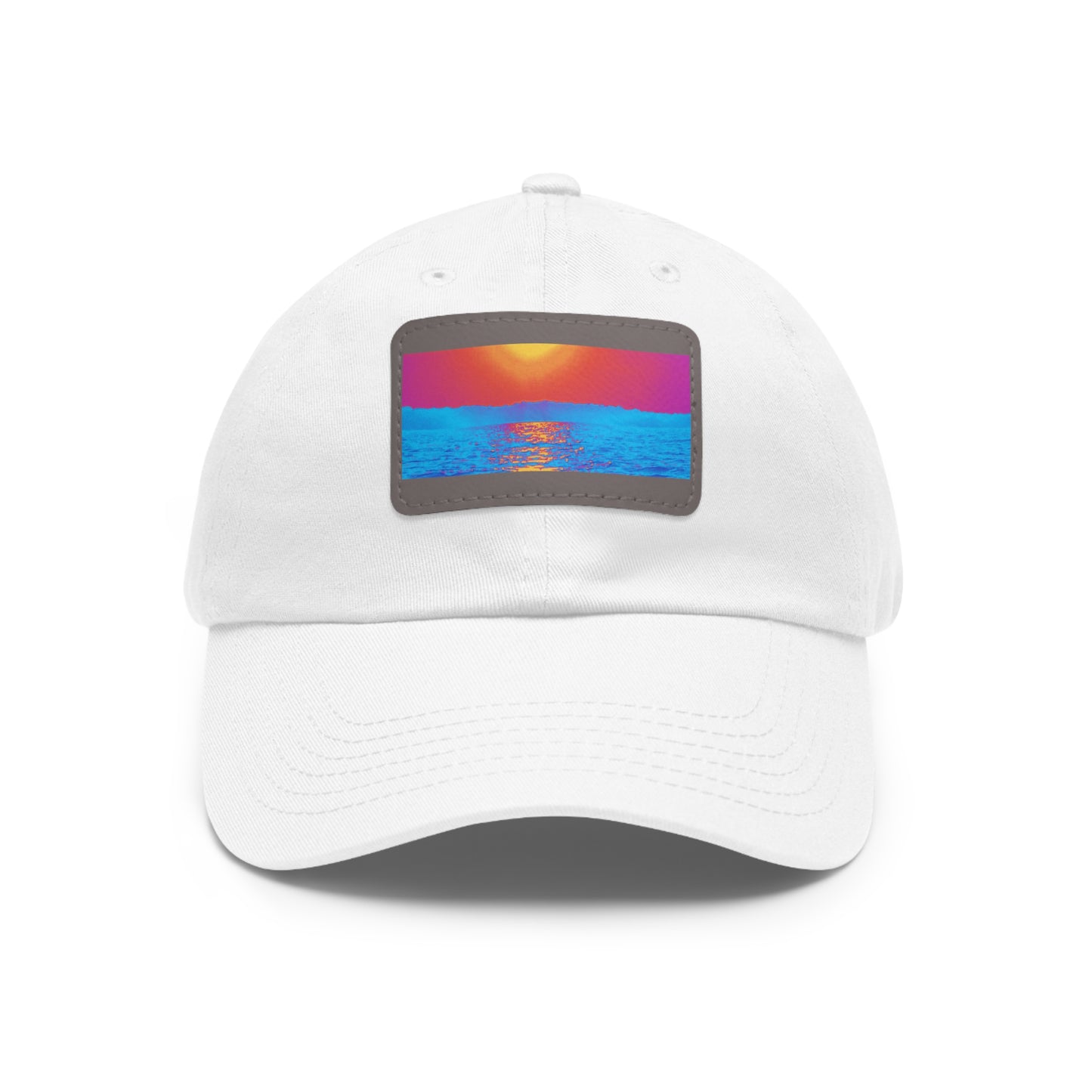 Sunset Ocean Leather Patch Dad Hat — Retro Vaporwave Beach Cap