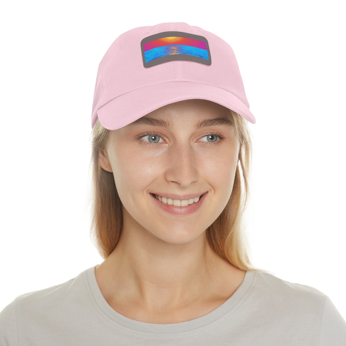 Sunset Ocean Leather Patch Dad Hat — Retro Vaporwave Beach Cap