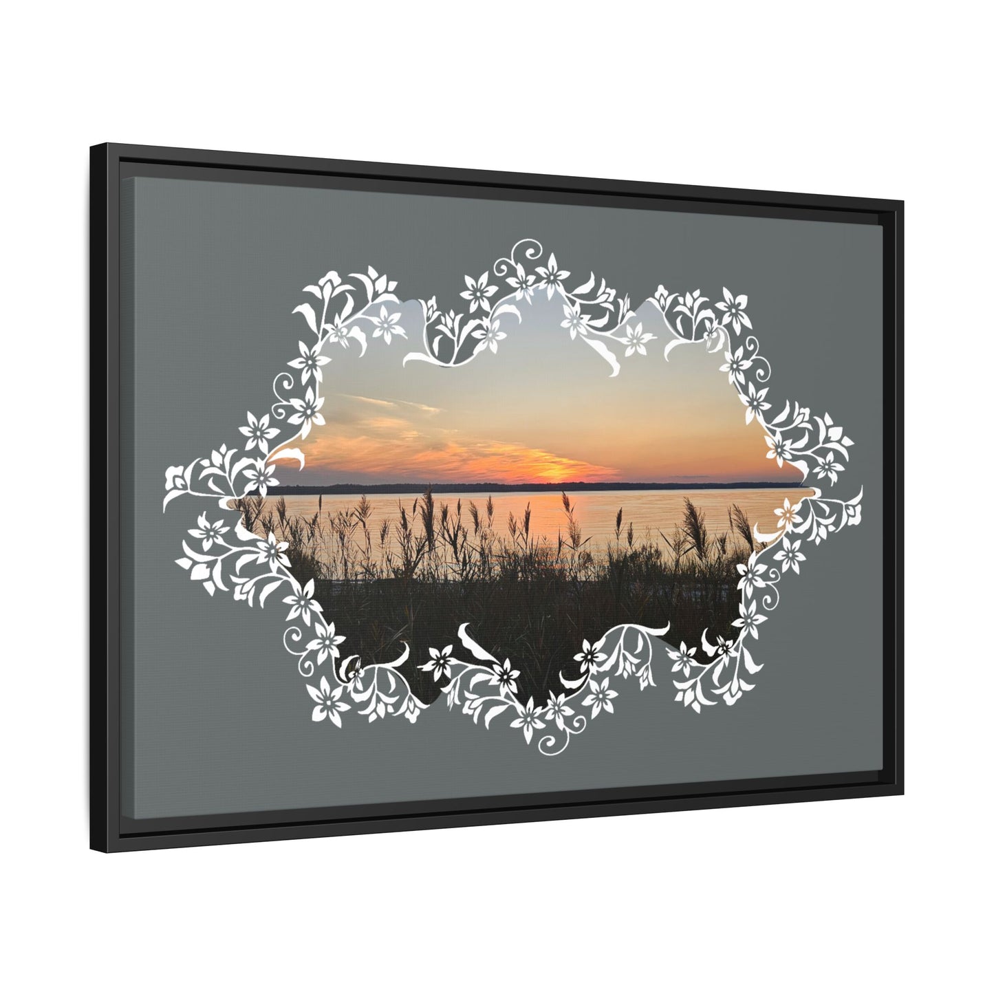"Wild Youth" Framed Matte Canvas - Sunrise Marsh with Ornate White Floral Frame