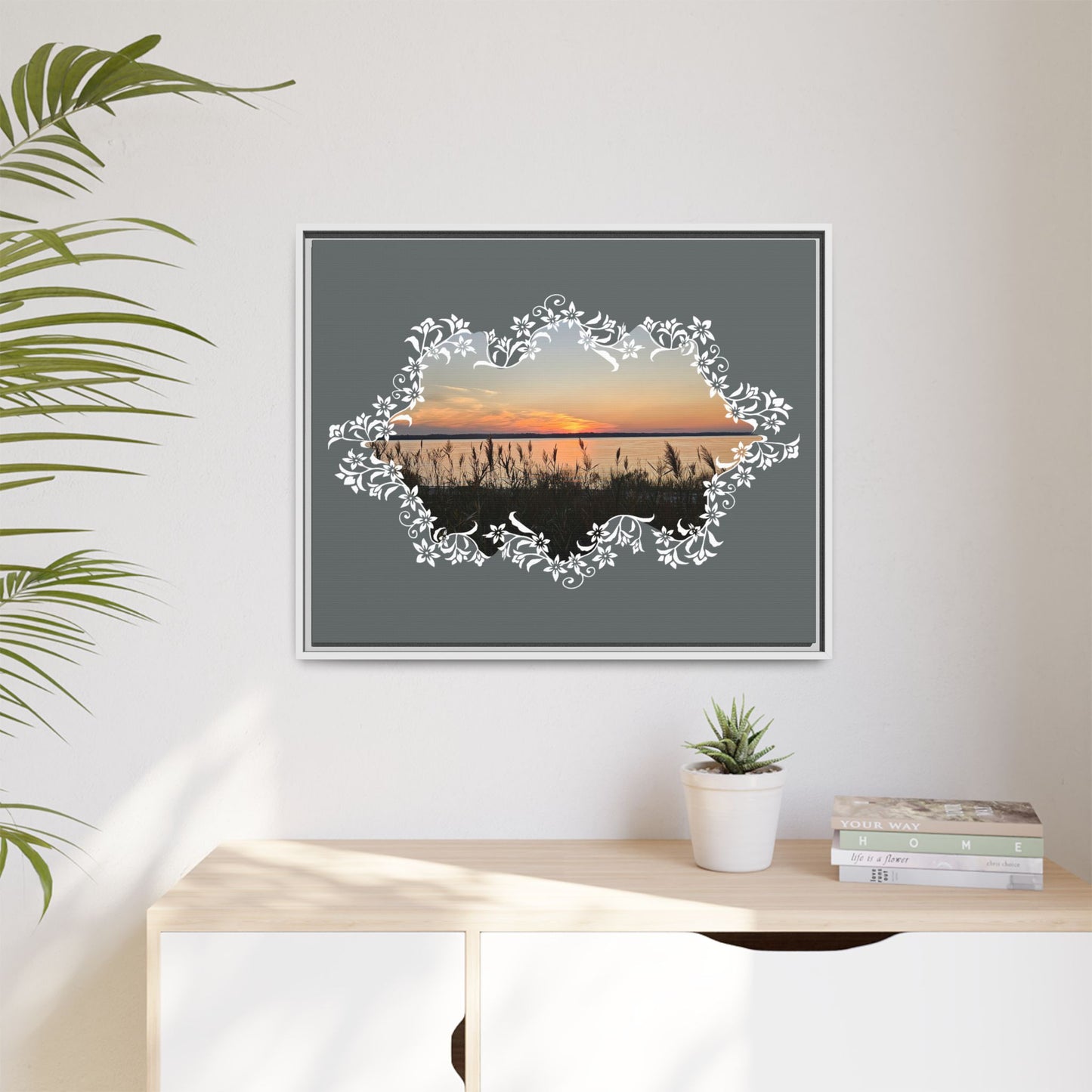 "Wild Youth" Framed Matte Canvas - Sunrise Marsh with Ornate White Floral Frame