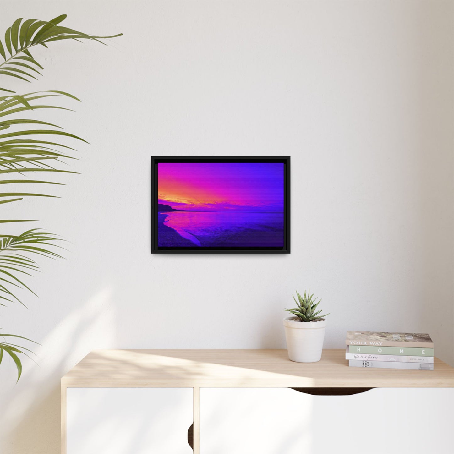 "Lavishing Symmetry" Sunset Shore Matte Canvas Framed Wall Art — Vibrant Purple & Pink Beach Landscape