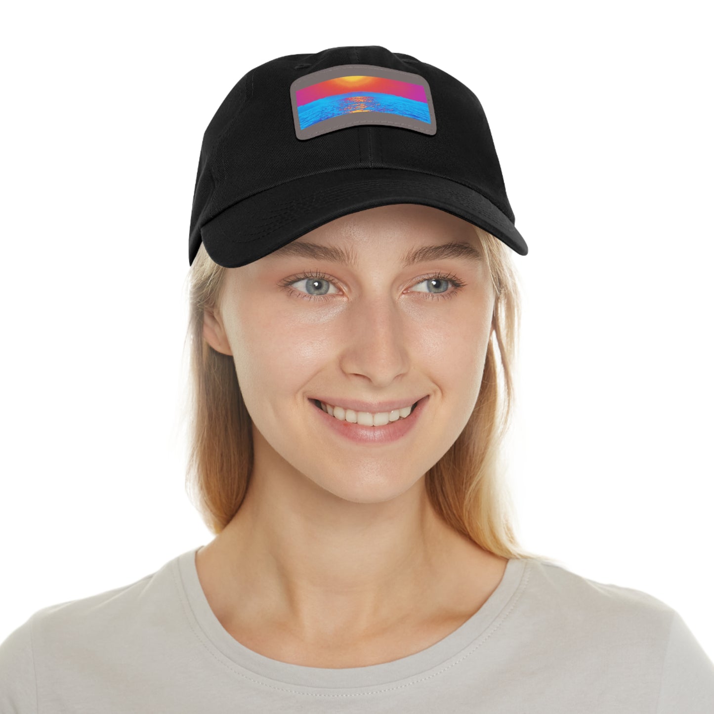 Sunset Ocean Leather Patch Dad Hat — Retro Vaporwave Beach Cap