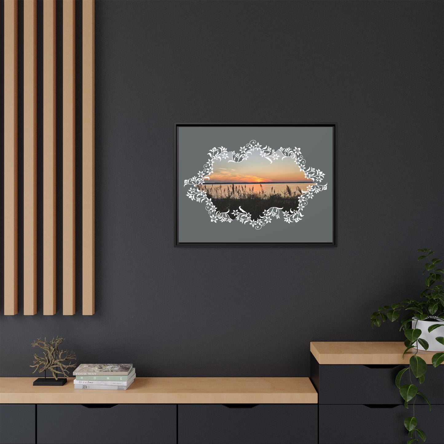 "Wild Youth" Framed Matte Canvas - Sunrise Marsh with Ornate White Floral Frame