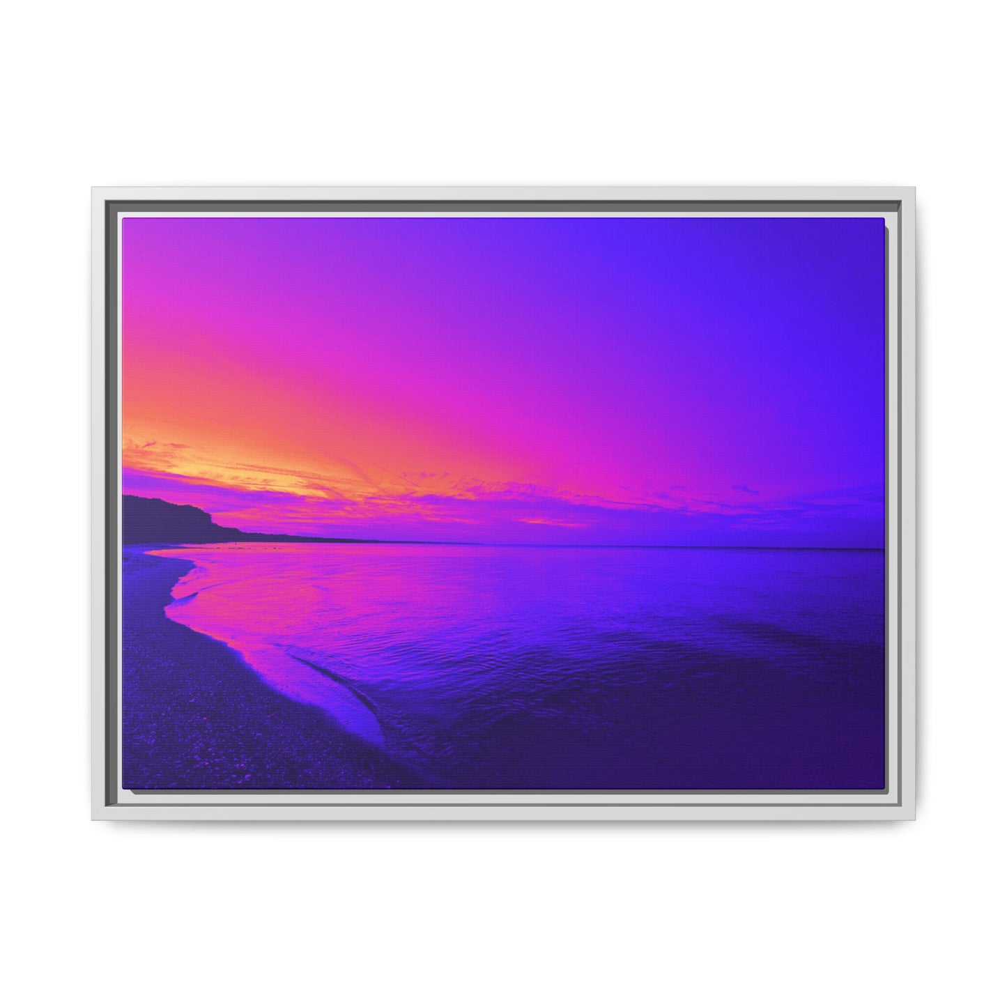 "Lavishing Symmetry" Sunset Shore Matte Canvas Framed Wall Art — Vibrant Purple & Pink Beach Landscape