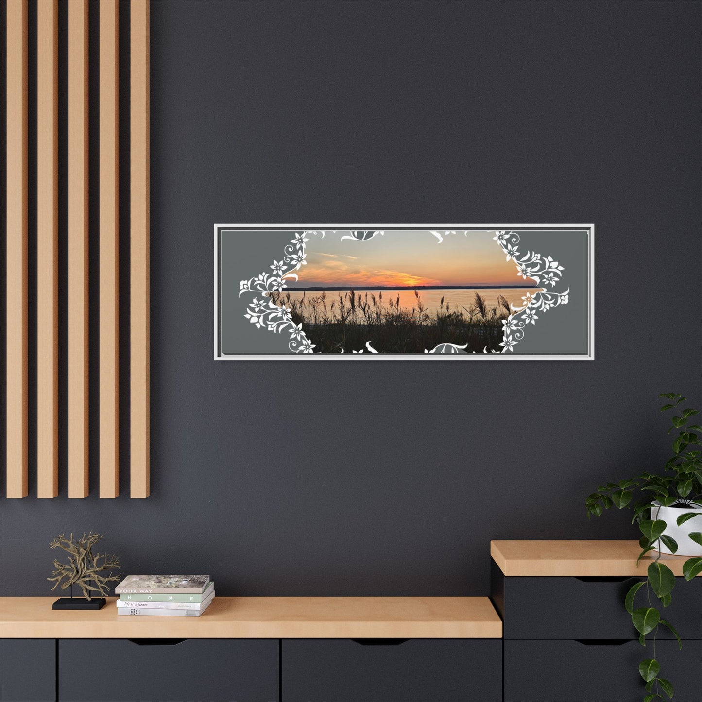 "Wild Youth" Framed Matte Canvas - Sunrise Marsh with Ornate White Floral Frame