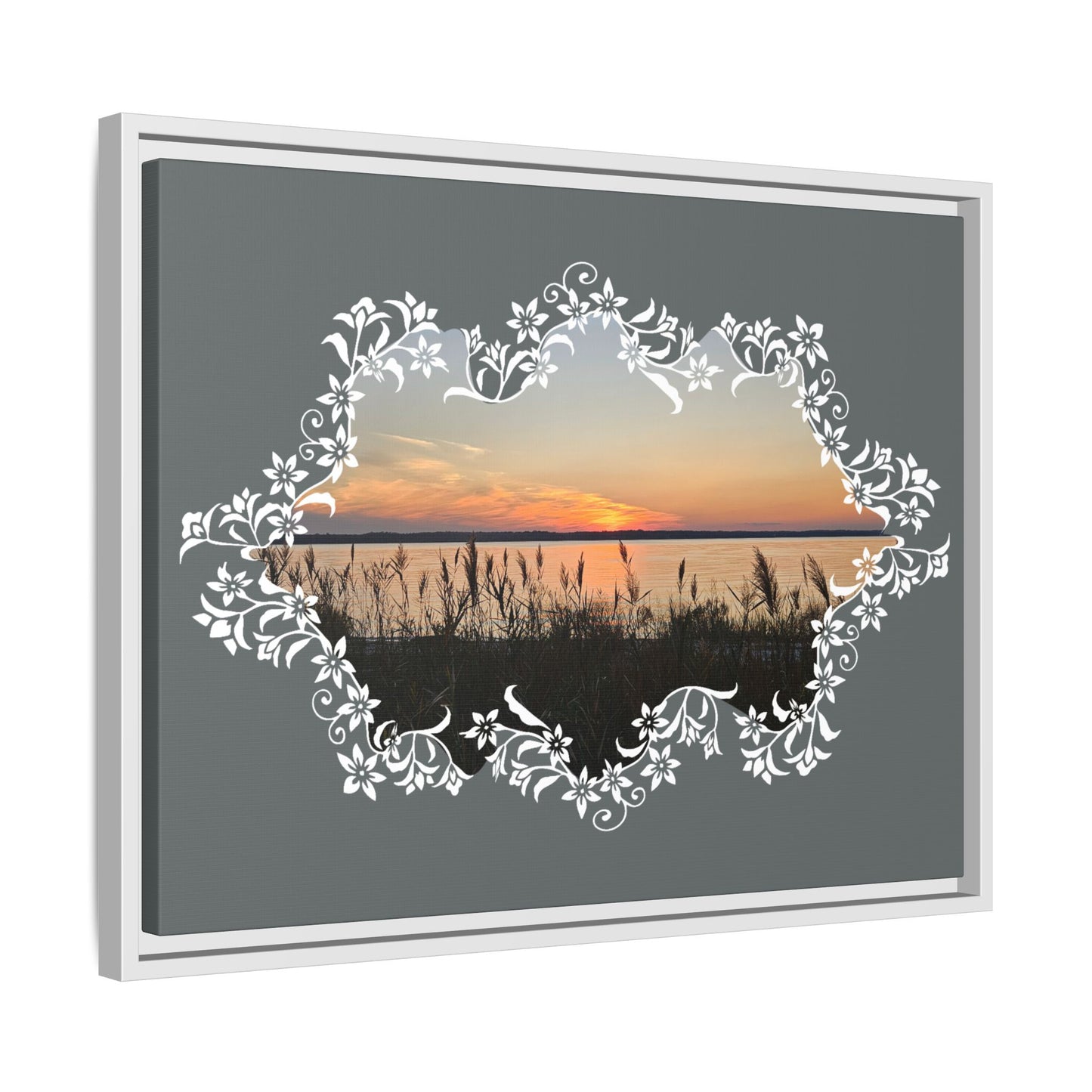 "Wild Youth" Framed Matte Canvas - Sunrise Marsh with Ornate White Floral Frame
