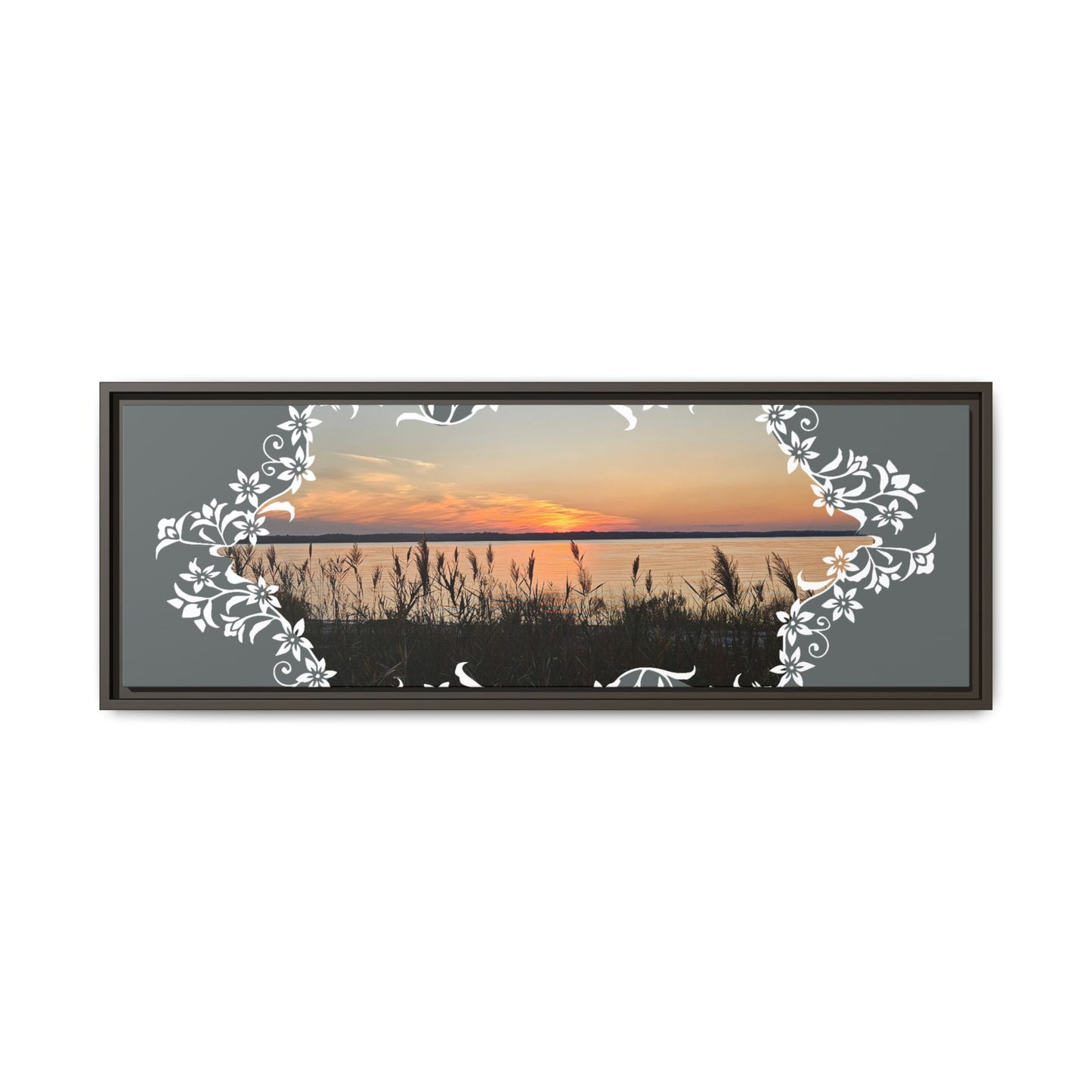 "Wild Youth" Framed Matte Canvas - Sunrise Marsh with Ornate White Floral Frame