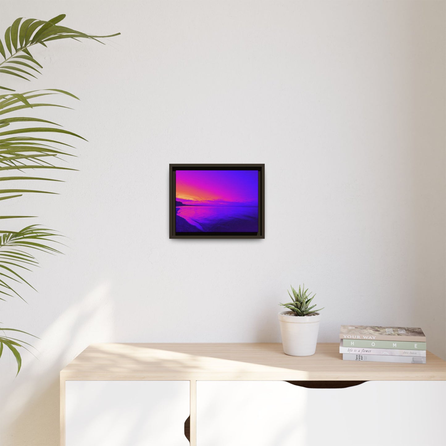 "Lavishing Symmetry" Sunset Shore Matte Canvas Framed Wall Art — Vibrant Purple & Pink Beach Landscape