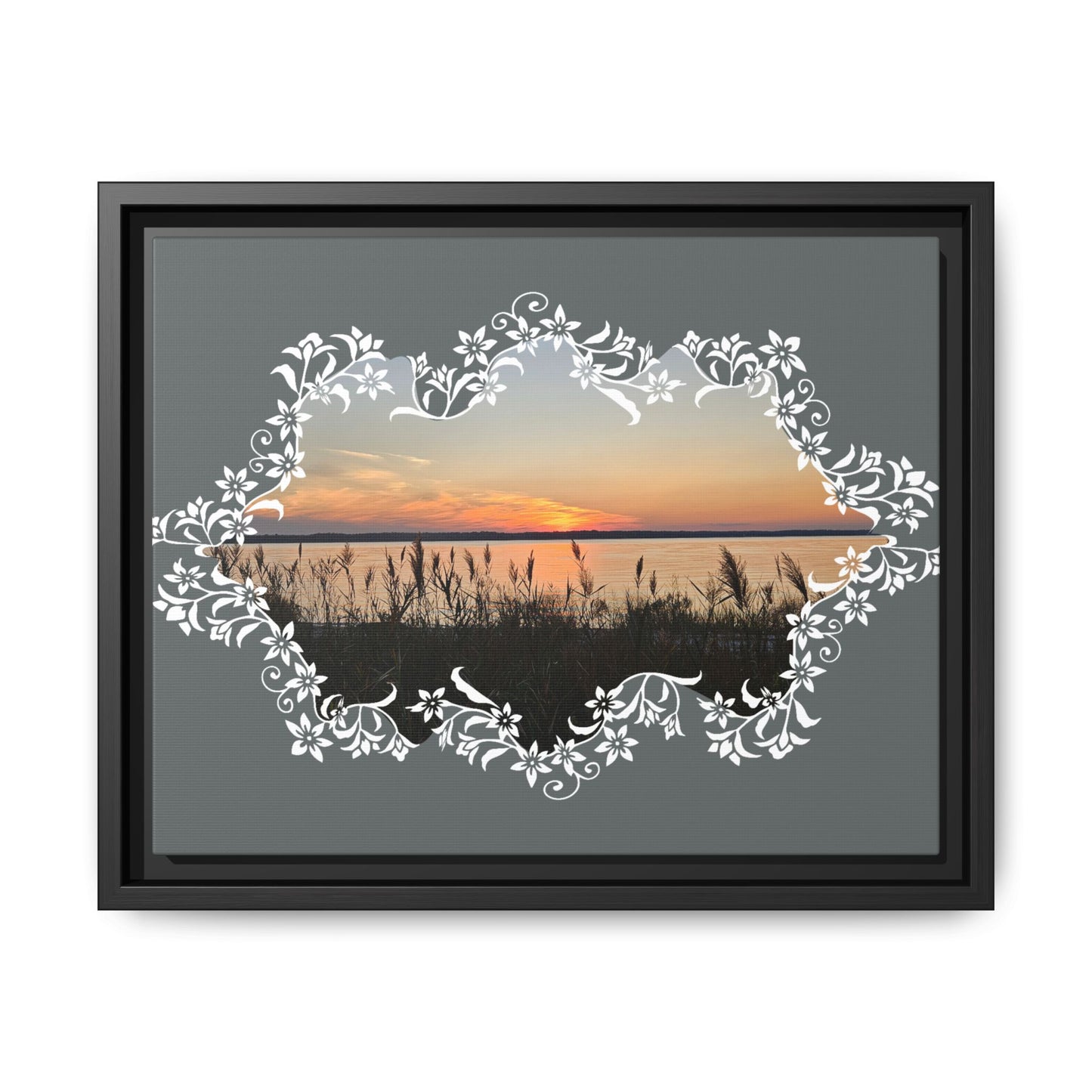 "Wild Youth" Framed Matte Canvas - Sunrise Marsh with Ornate White Floral Frame